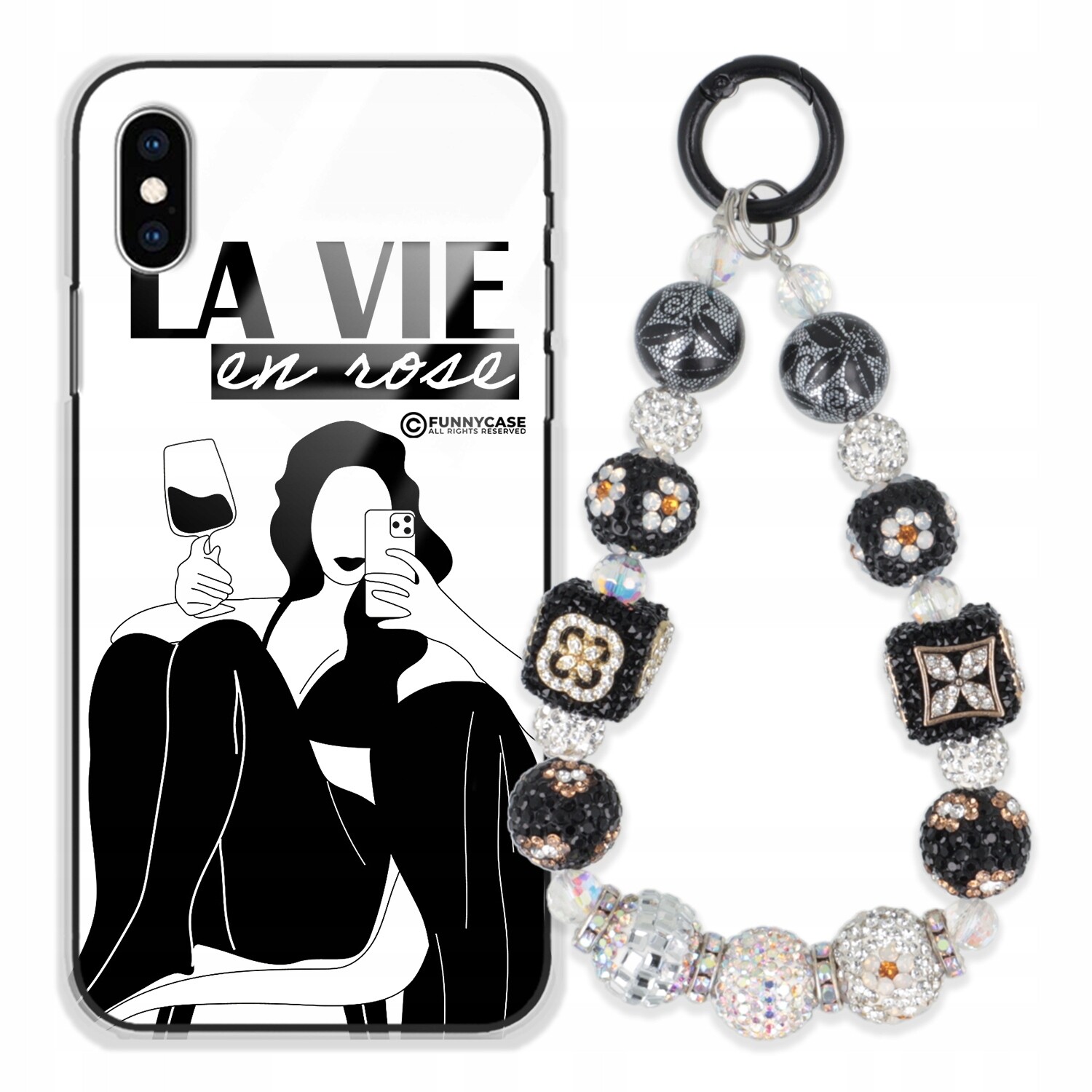 Dámský skleněný Pouzdro na iPhone X, černobílý Přívěsek Na Klíče Zirkony se vzorem kamínků