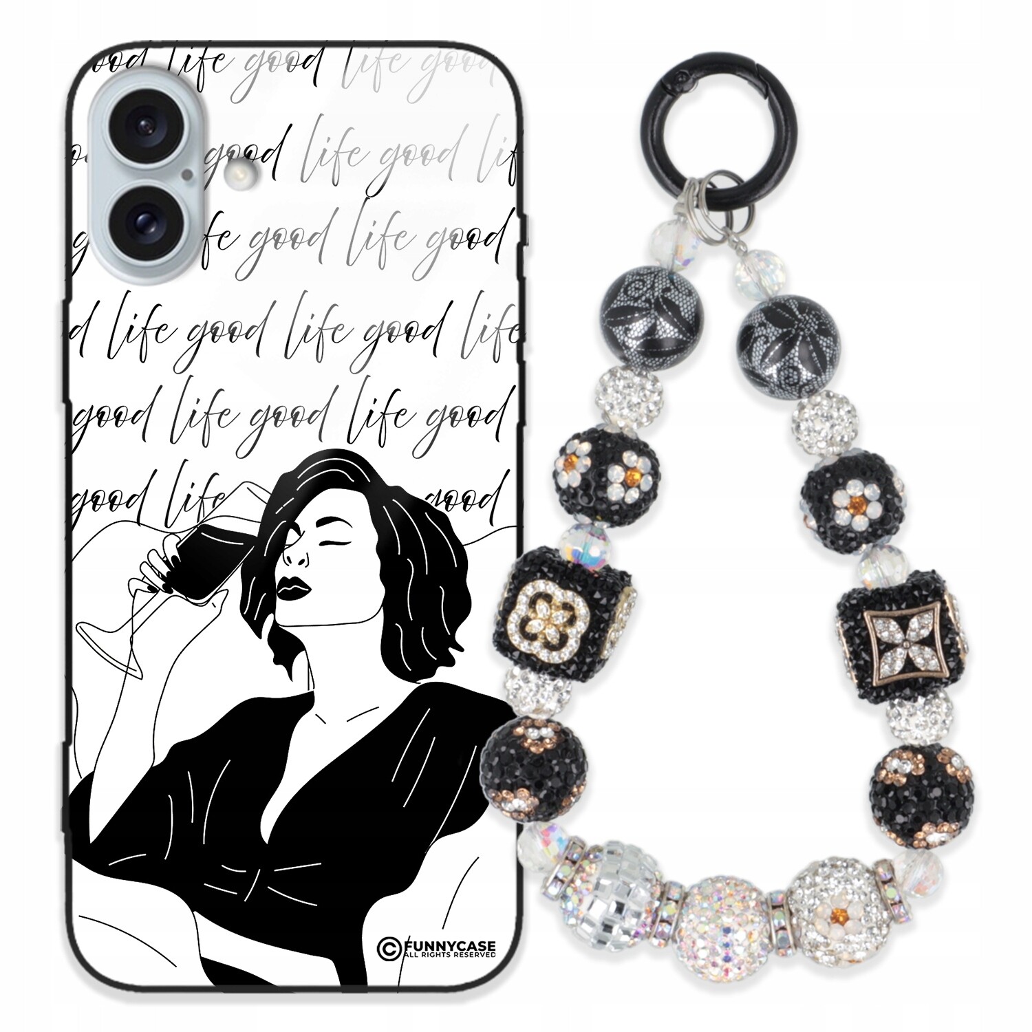 Pouzdro Pro Iphone 16 Plus Skleněné Dámské Černobílé Přívěsek Na Klíče Klíčenky Zirkony Wz