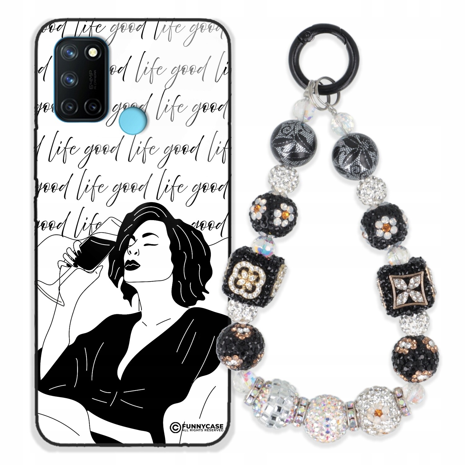 Pouzdro Pro Realme C17 Skleněné, Černobílé Přívěsek Na Klíče Zirkony Wz
