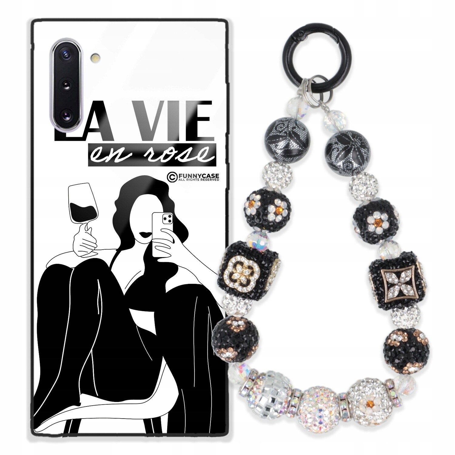 Pouzdro Pro Samsung Note 10 Skleněné Umění Černobílý Stříbrný Přívěsek Na Klíče Klíčen Zirkony Wz
