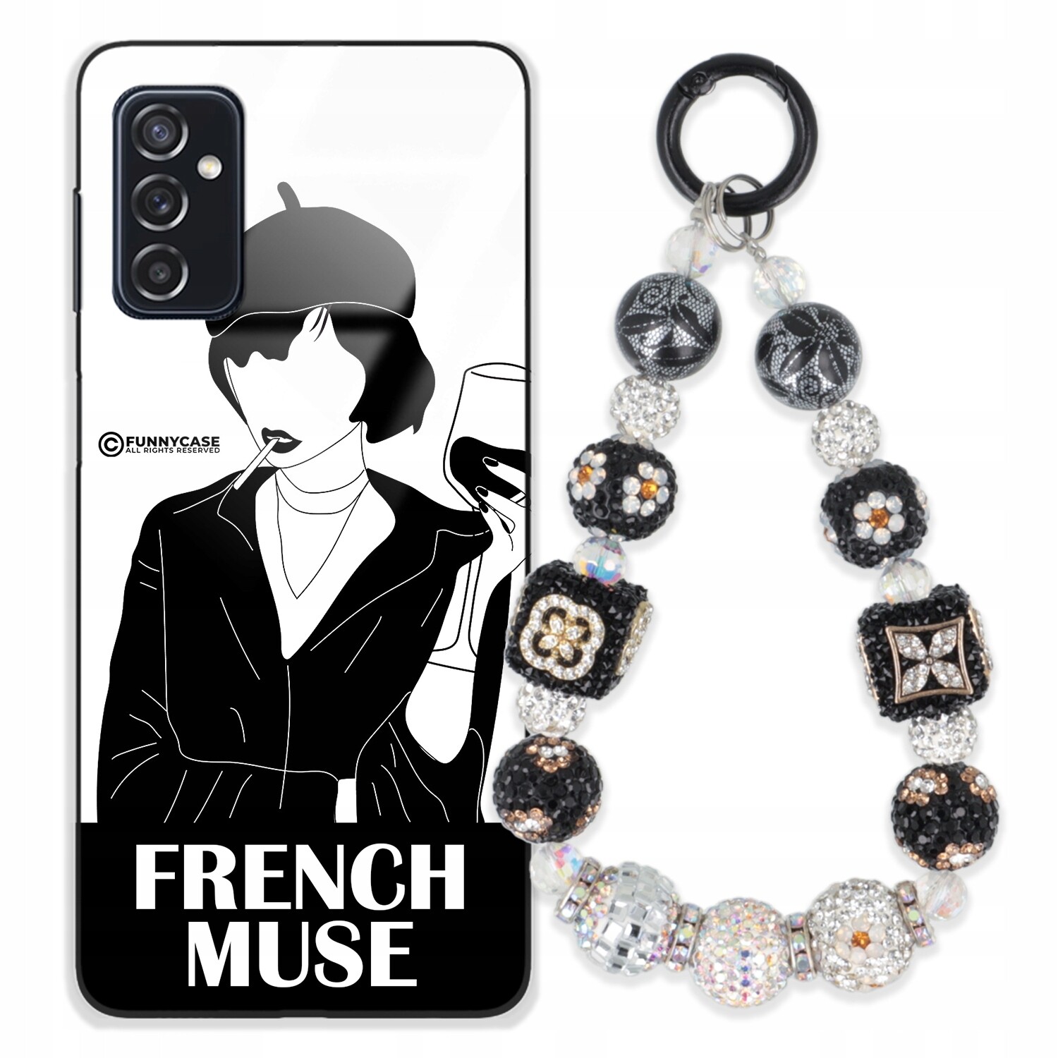 Pouzdro Pro Samsung M52 5G Sklené Dámské Černobílé Přívěsek Na Klíče Zirkony S Kamenínky Wz