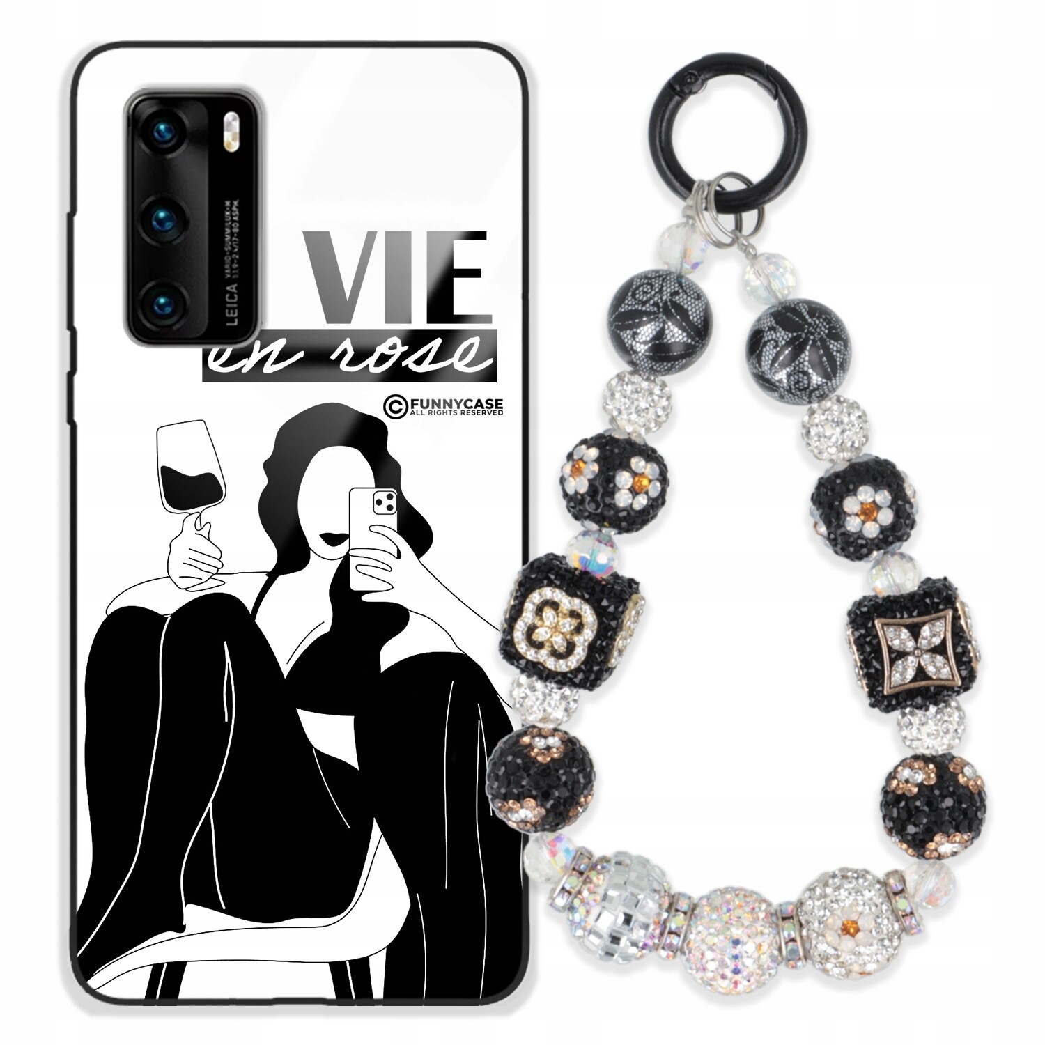 Pouzdro Pro Huawei P40 Skleněné, Černobílé Přívěsek Na Klíče Zirkony Wz