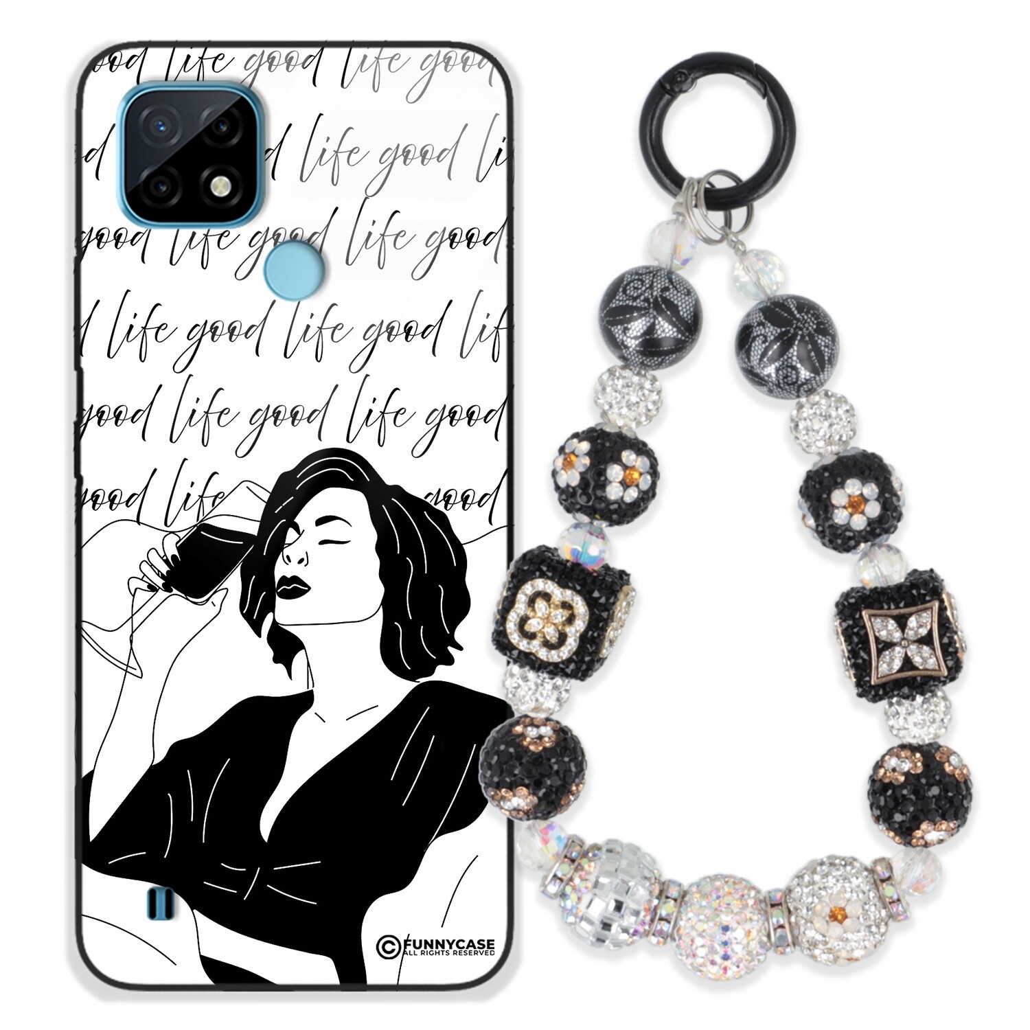 Pouzdro Pro Realme C21 Skleněné, Černobílé Přívěsek Na Klíče Zirkony Wz