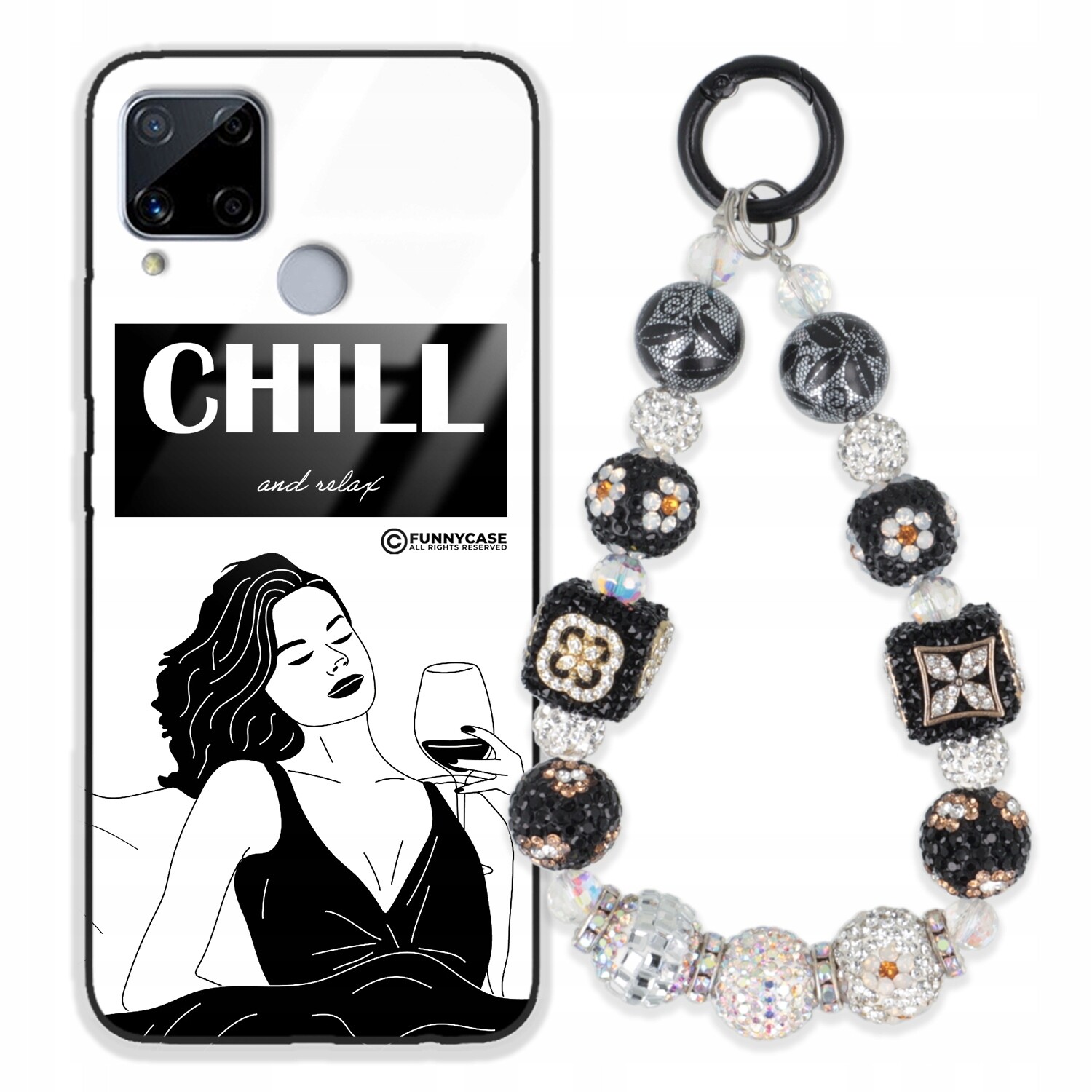 Pouzdro Pro Realme C15 Skleněné, Černobílé Přívěsek Na Klíče Zirkony Wz