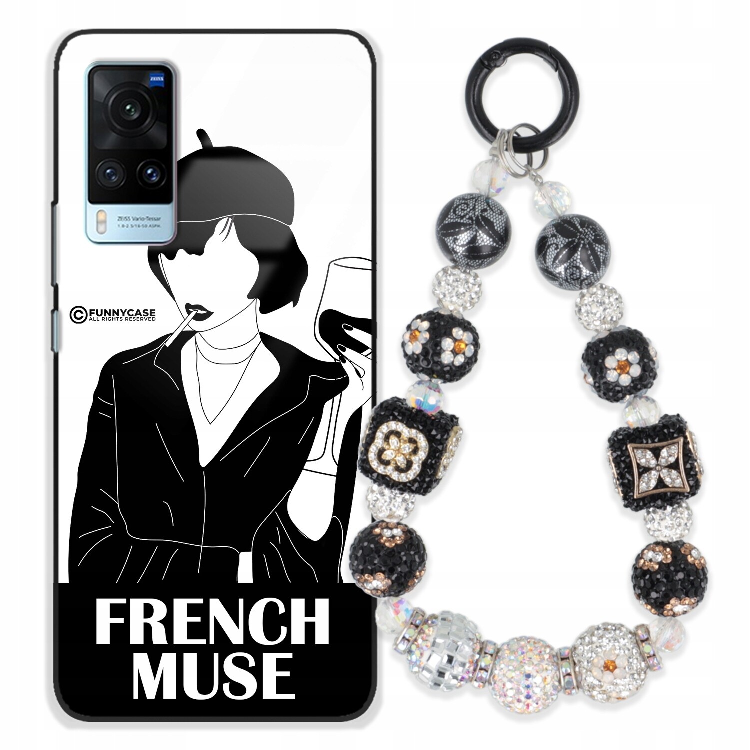 Dámský pouzdro na Vivo černý a bílý Přívěsek Na Klíče , s Zirkony kamínků