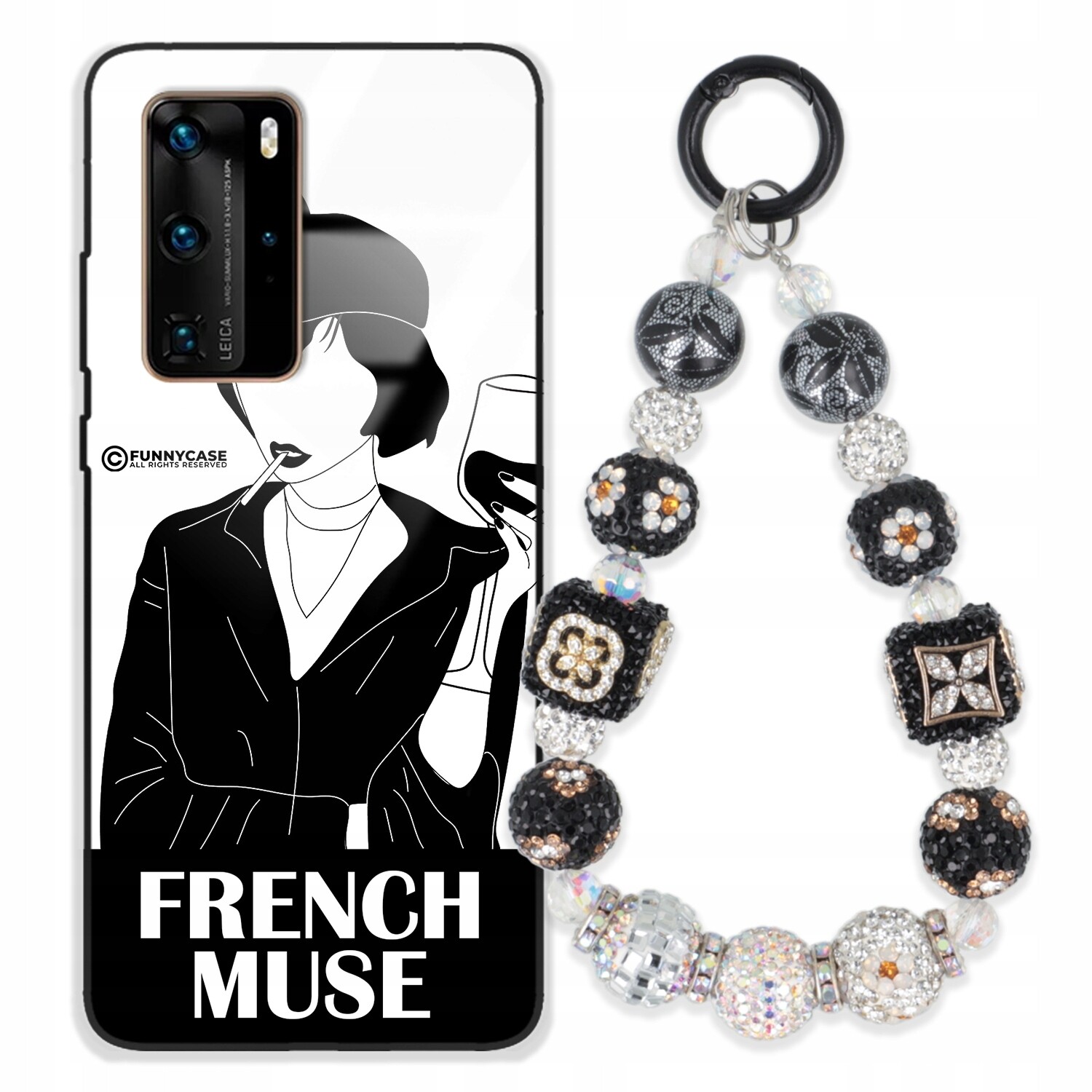 Pouzdro Pro Huawei P40 Pro Skleněné Dámské Černobílé Přívěsek Na Klíče Klíčenky Zirkony Wz