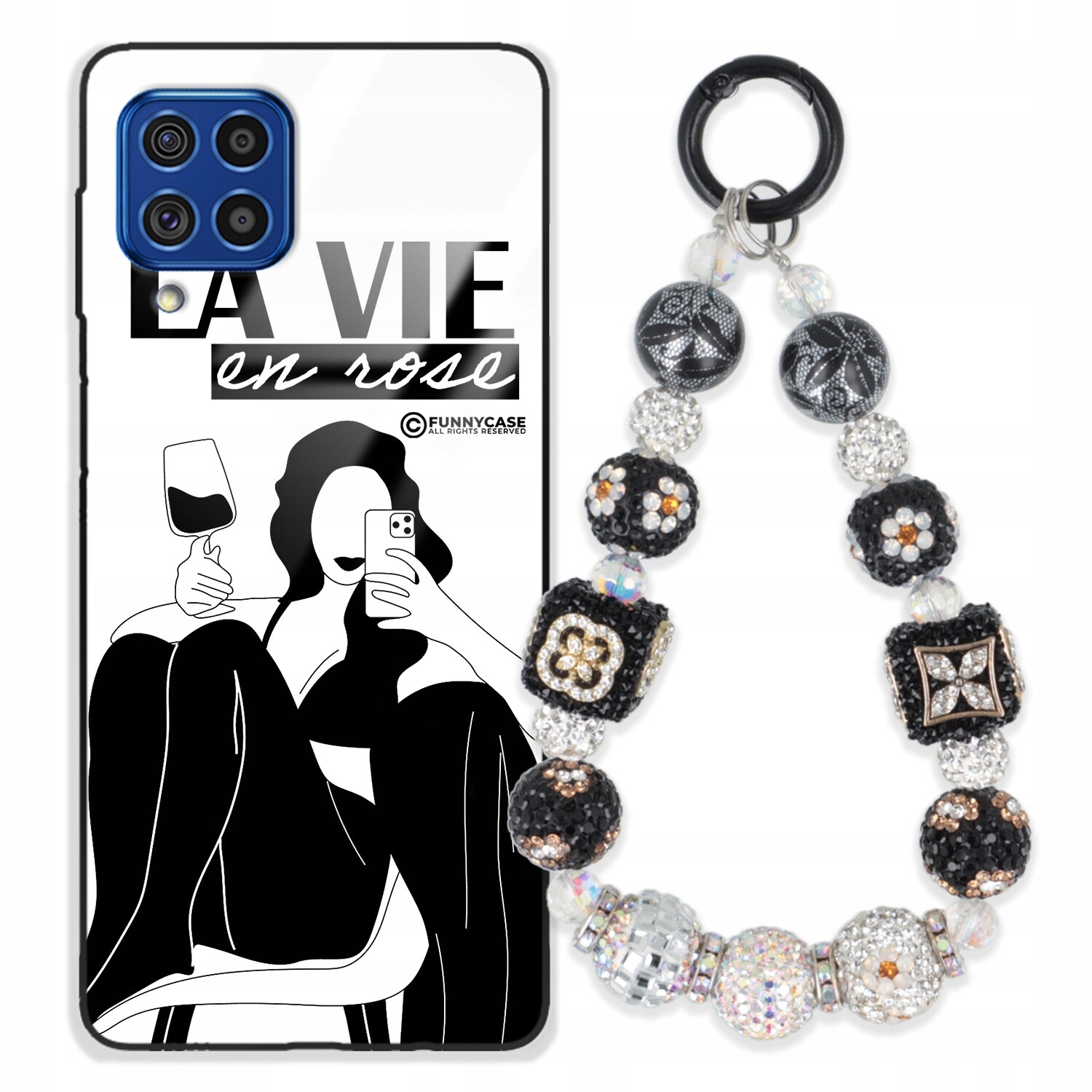 Pouzdro Pro Samsung F62 Skleněné Dámské Černobílé Přívěsek Na Klíče Zirkony Wz