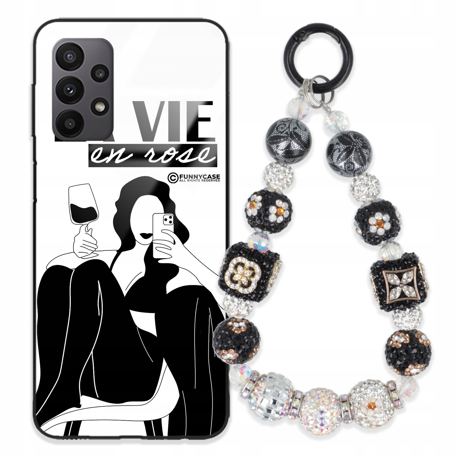 Pouzdro Pro Samsung A23 5G Sklené Dámské Černobílé Přívěsek Na Klíče Zirkony S Kamenínky Wz