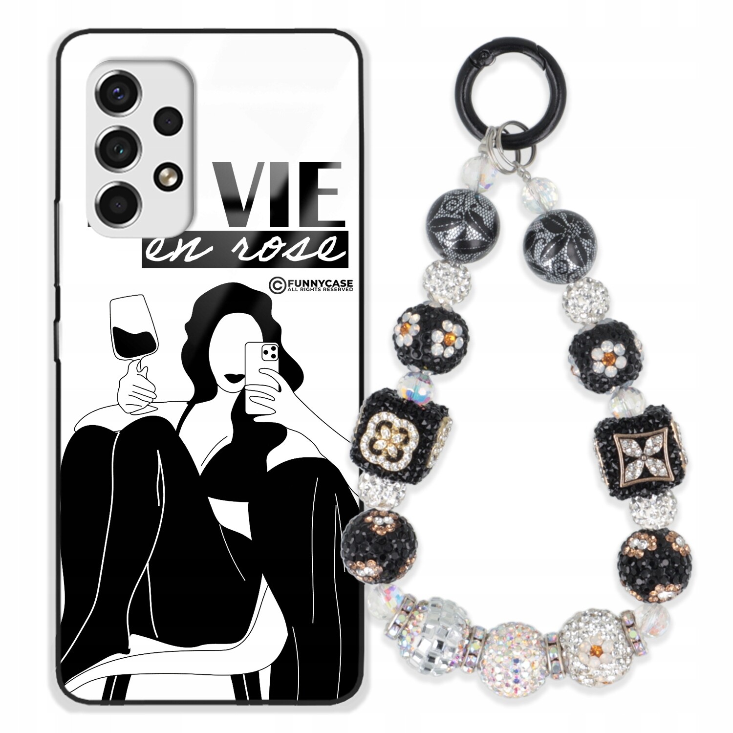 Pouzdro Pro Samsung A53 5G Skleněné Dámské Černobílé Přívěsek Na Klíče Zirkony S Kamenínky Wz