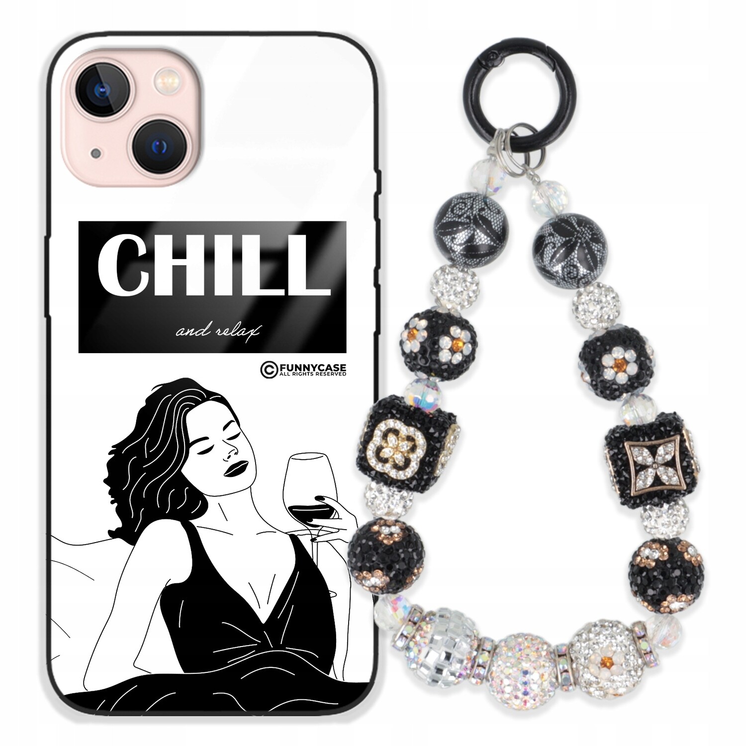 Dámský skleněný Pouzdro na iPhone 13, černobílý Přívěsek Na Klíče Zirkony klíče se vzorem kamínků