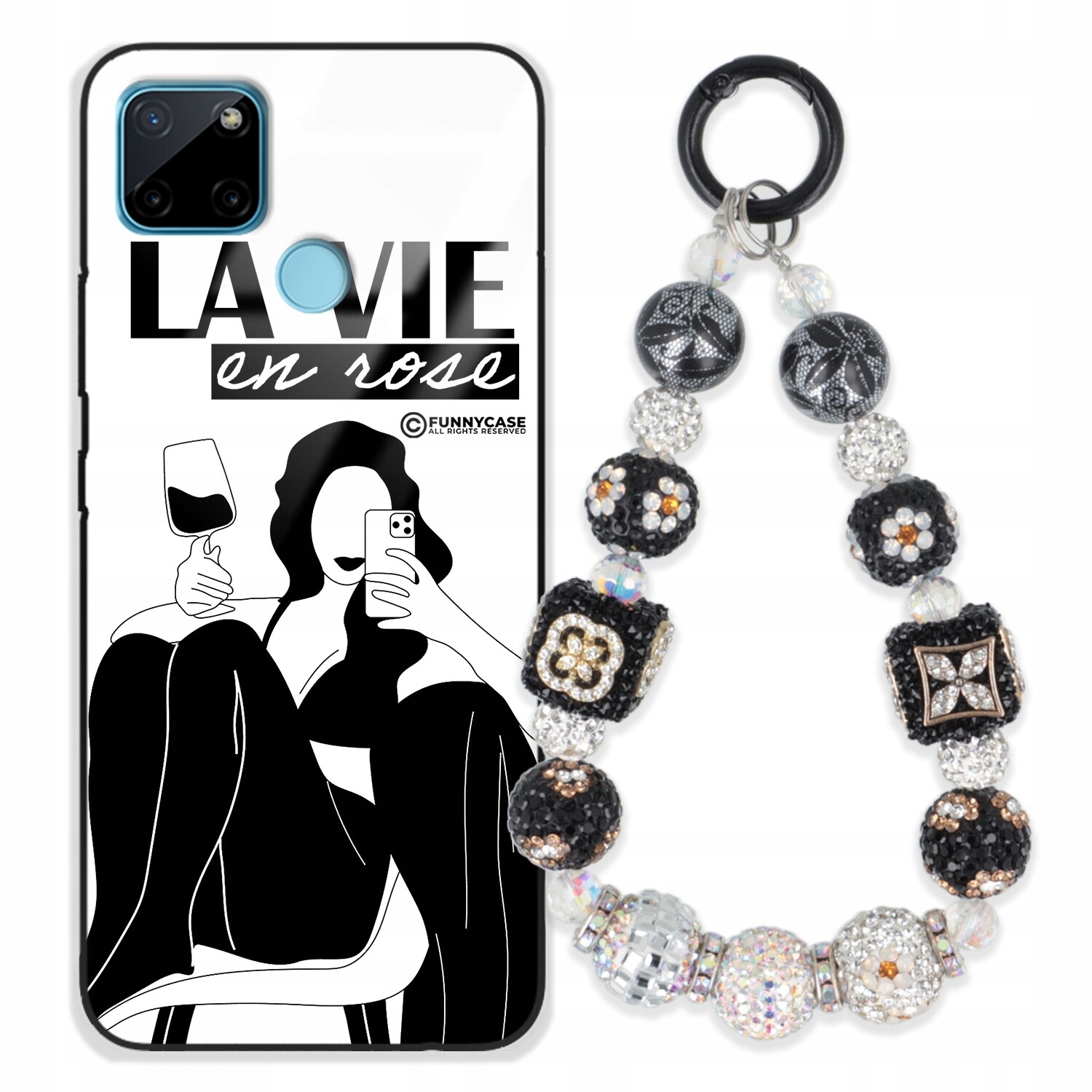 Pouzdro Pro Realme C21Y Skleněné Dámské Černobílé Přívěsek Na Klíče Zirkony Wz