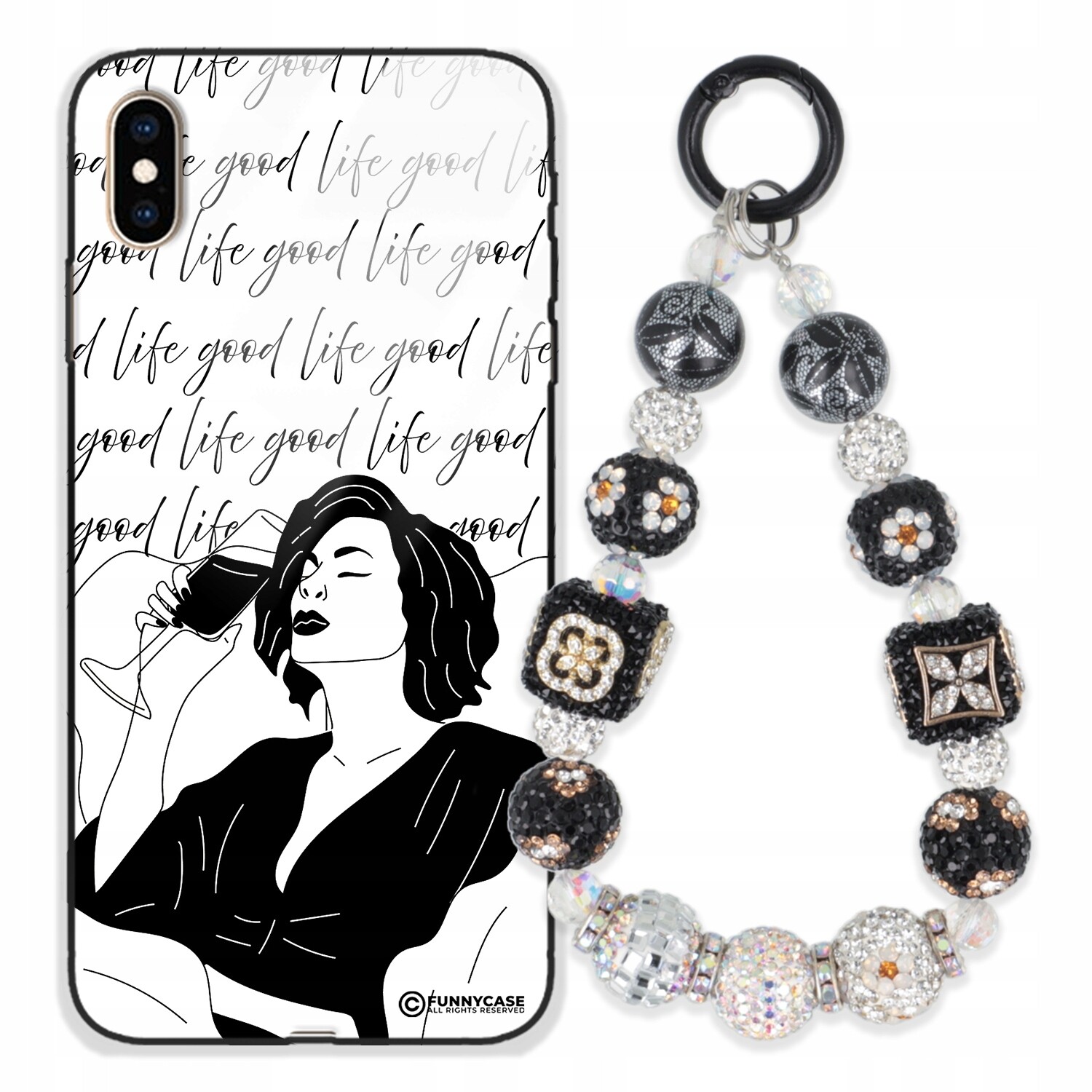 Dámský skleněný kryt na iPhone Xs Max, černobílý, Přívěsek Na Klíče , Zirkony kamínky Pouzdro zlatý