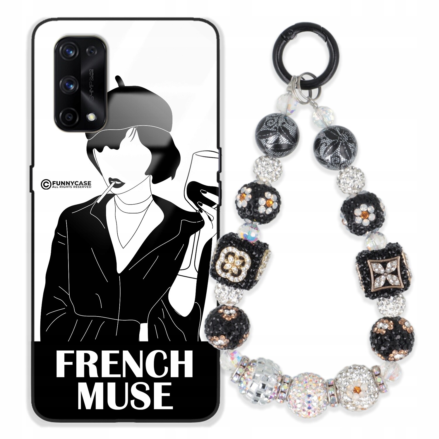 Pouzdro Pro Realme X7 Pro Skleněné, Černobílé, Stříbrné, Zirkony Přívěsek Na Klíče Wz