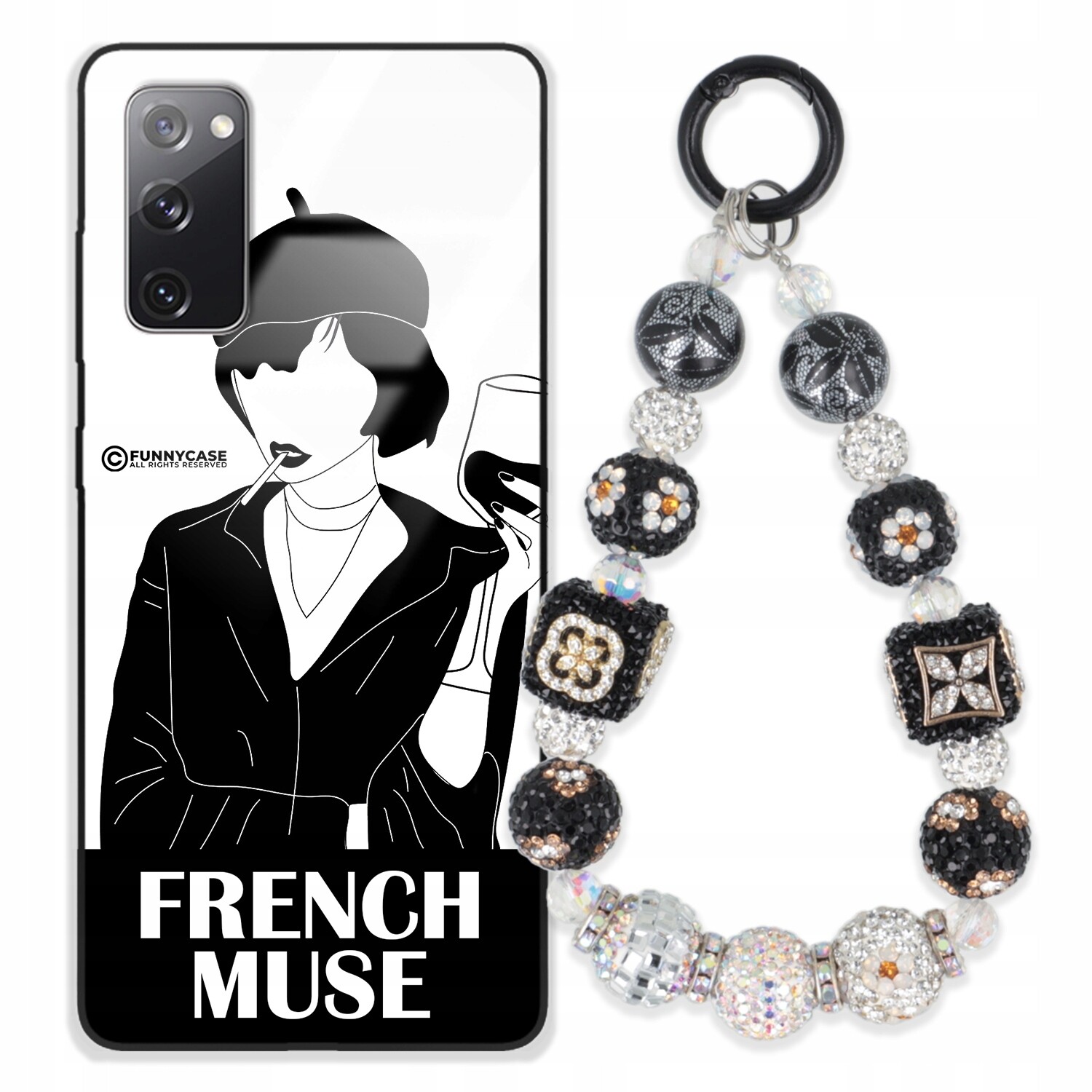 Pouzdro Pro Samsung S20FE 5G Skleněné Umění Černobílý Přívěšek Na Klíče Přívěsek Na Klíče Zirkony Wz