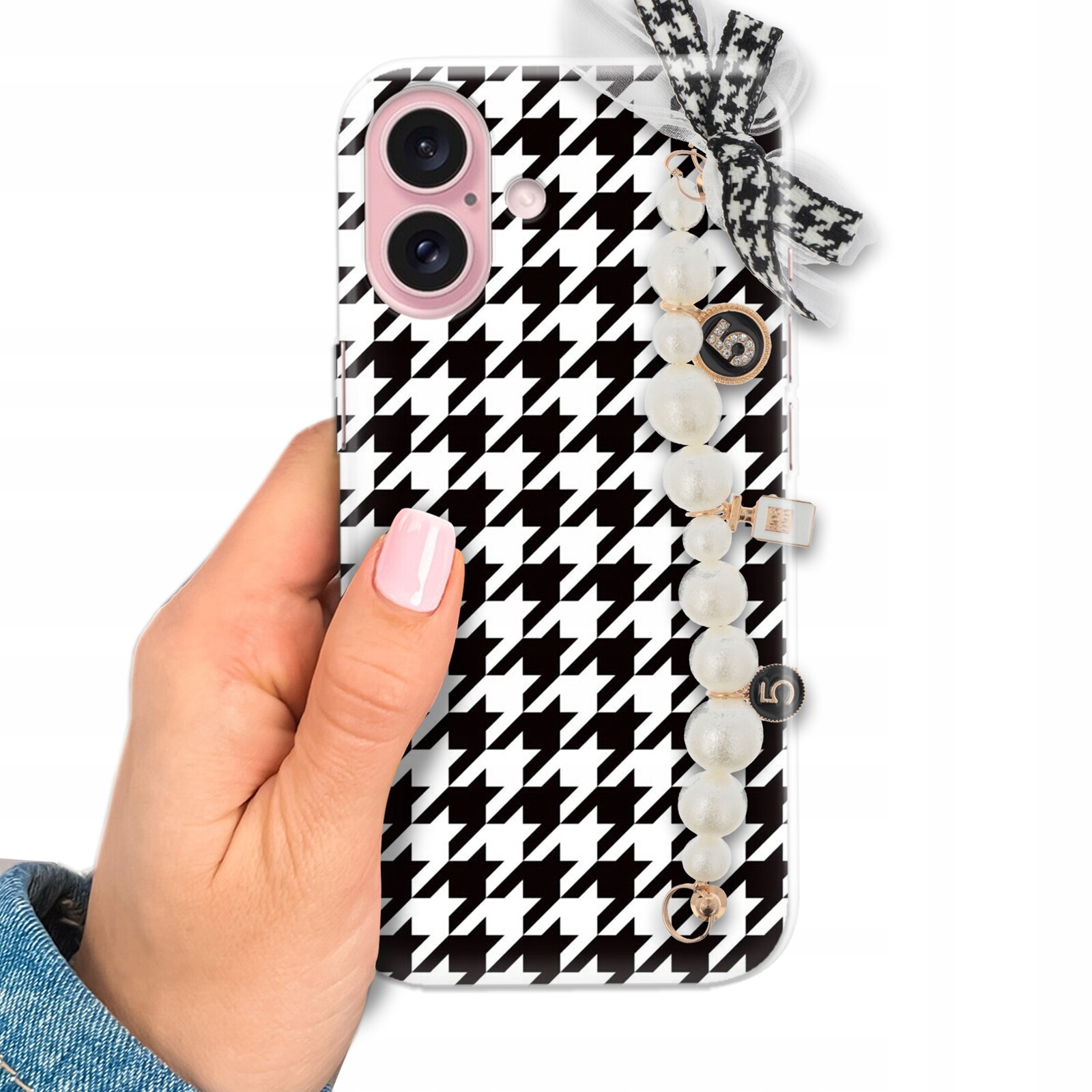 Pouzdro Pro iPhone 16 Elegantní kryt s pepito vzorem, perlami a mašlí Stylové