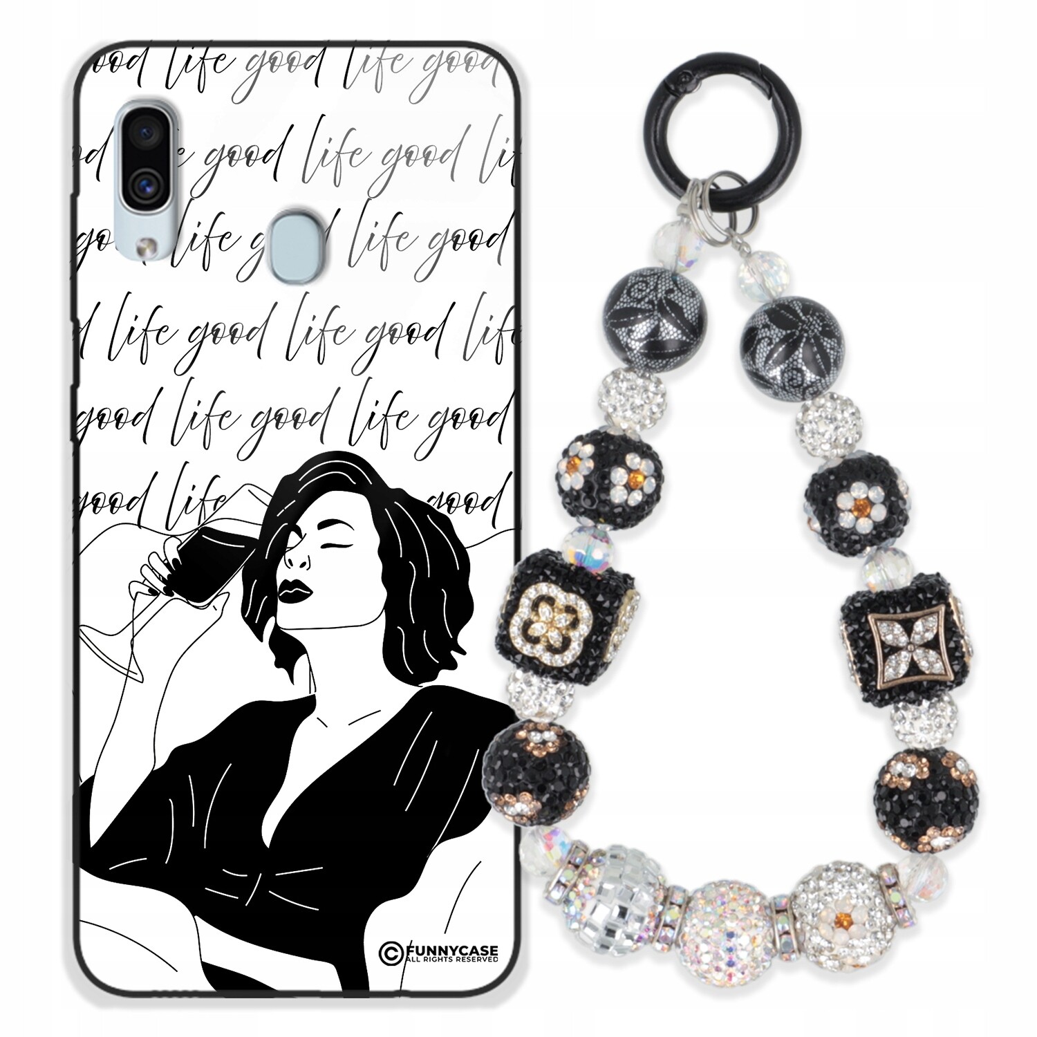 Dámský skleněný Pouzdro pro Samsung A30, černobílý Přívěsek Na Klíče Zirkony modrá