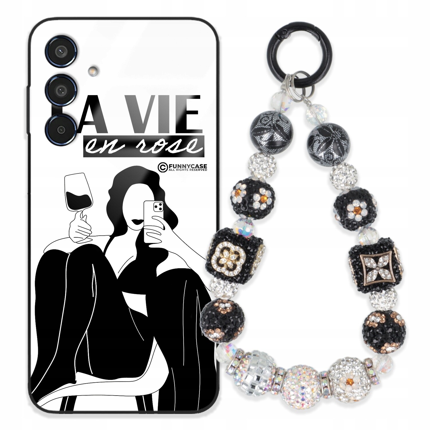 Pouzdro Pro Samsung M35 5G Sklené Dámské Černobílé Přívěsek Na Klíče Zirkony S Kamenínky Wz