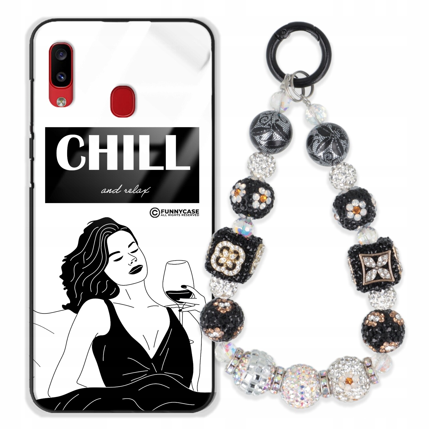 Dámský skleněný Pouzdro pro Samsung A20, černobílý Přívěsek Na Klíče Zirkony modrá