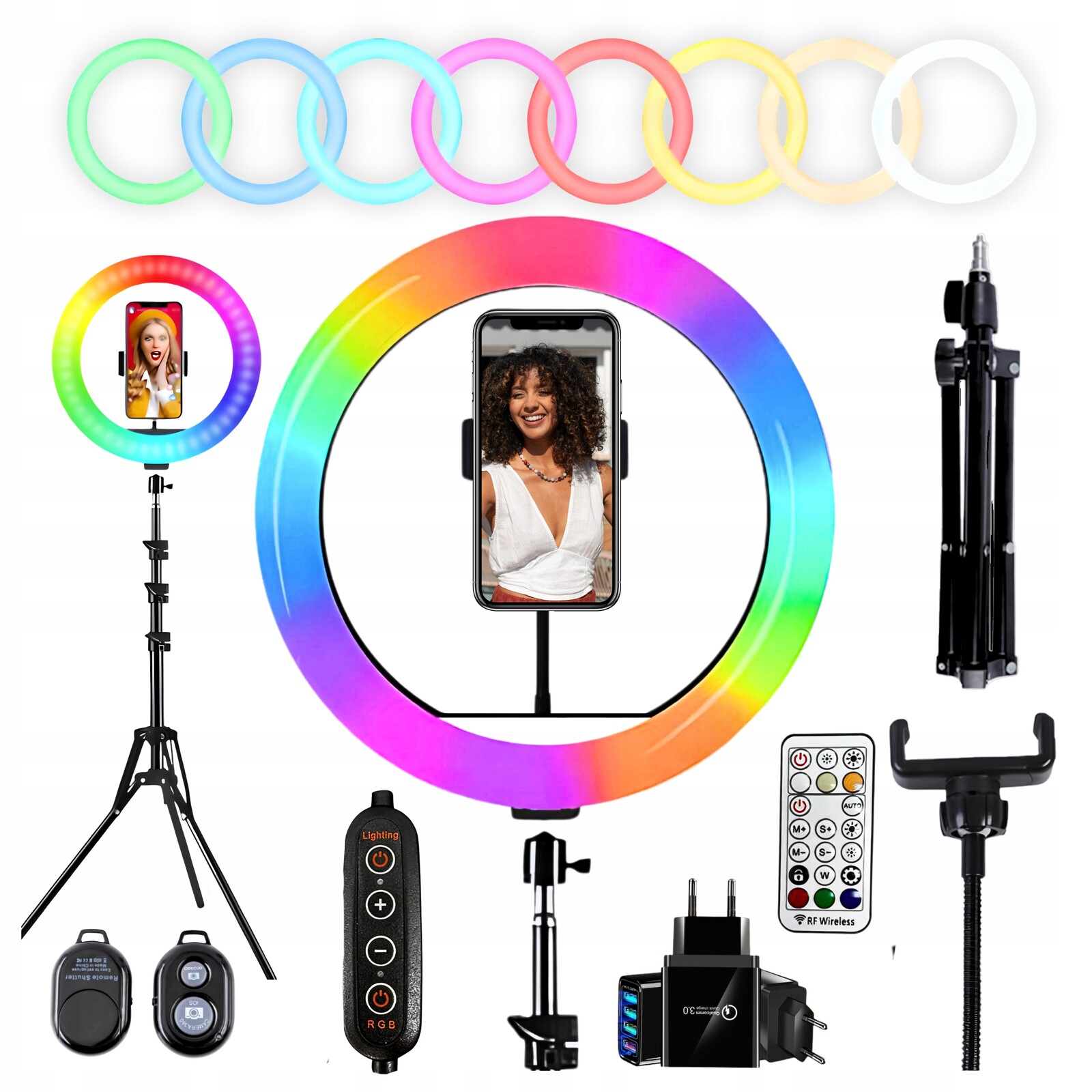 Kruhová lampa Rgb Ring 26 cm 60 W stativ 220 cm dálkové ovládání Bt napájecí adaptér