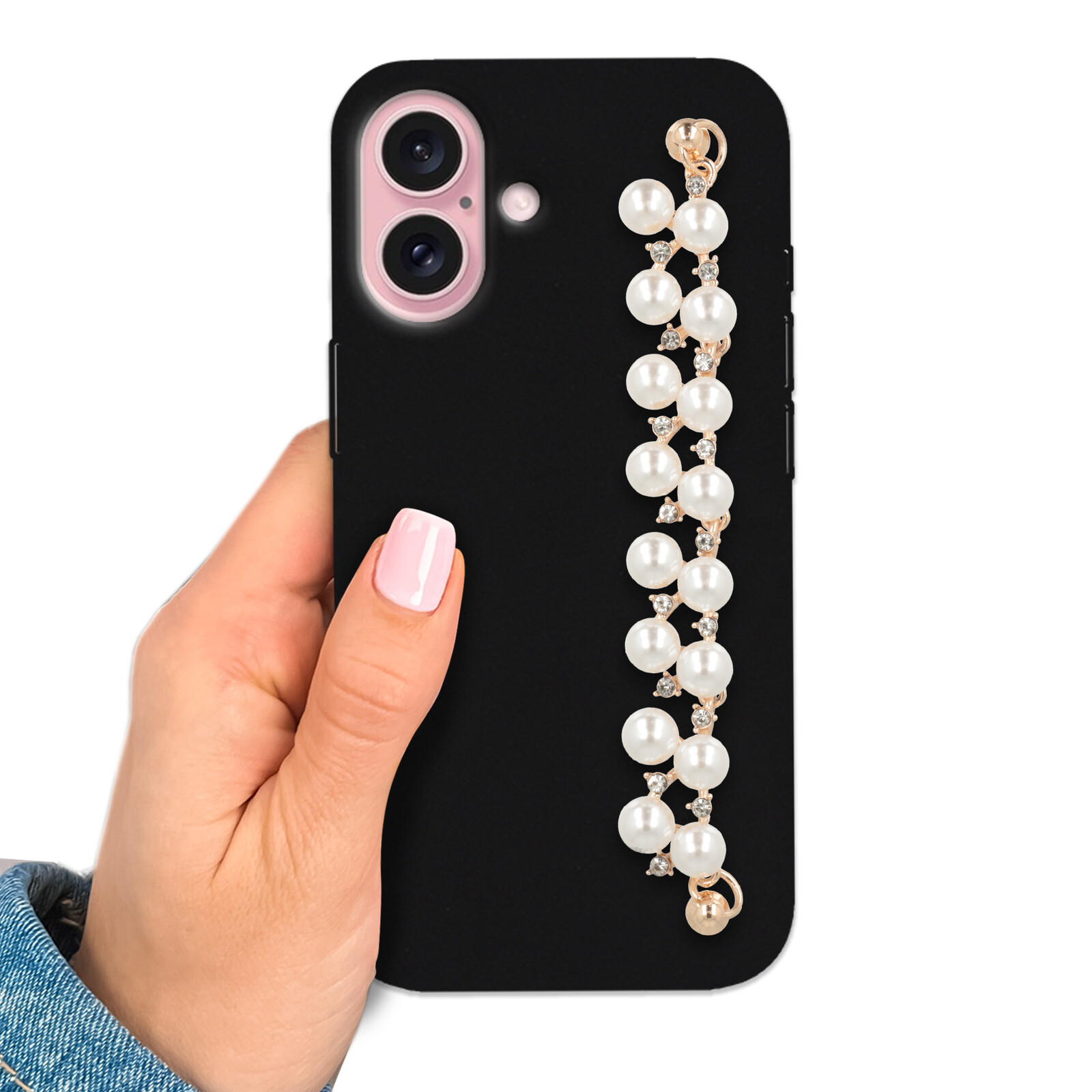 Pouzdro na Iphone 16 Matně černé s Zirkony a perlami Ochranné, pevné