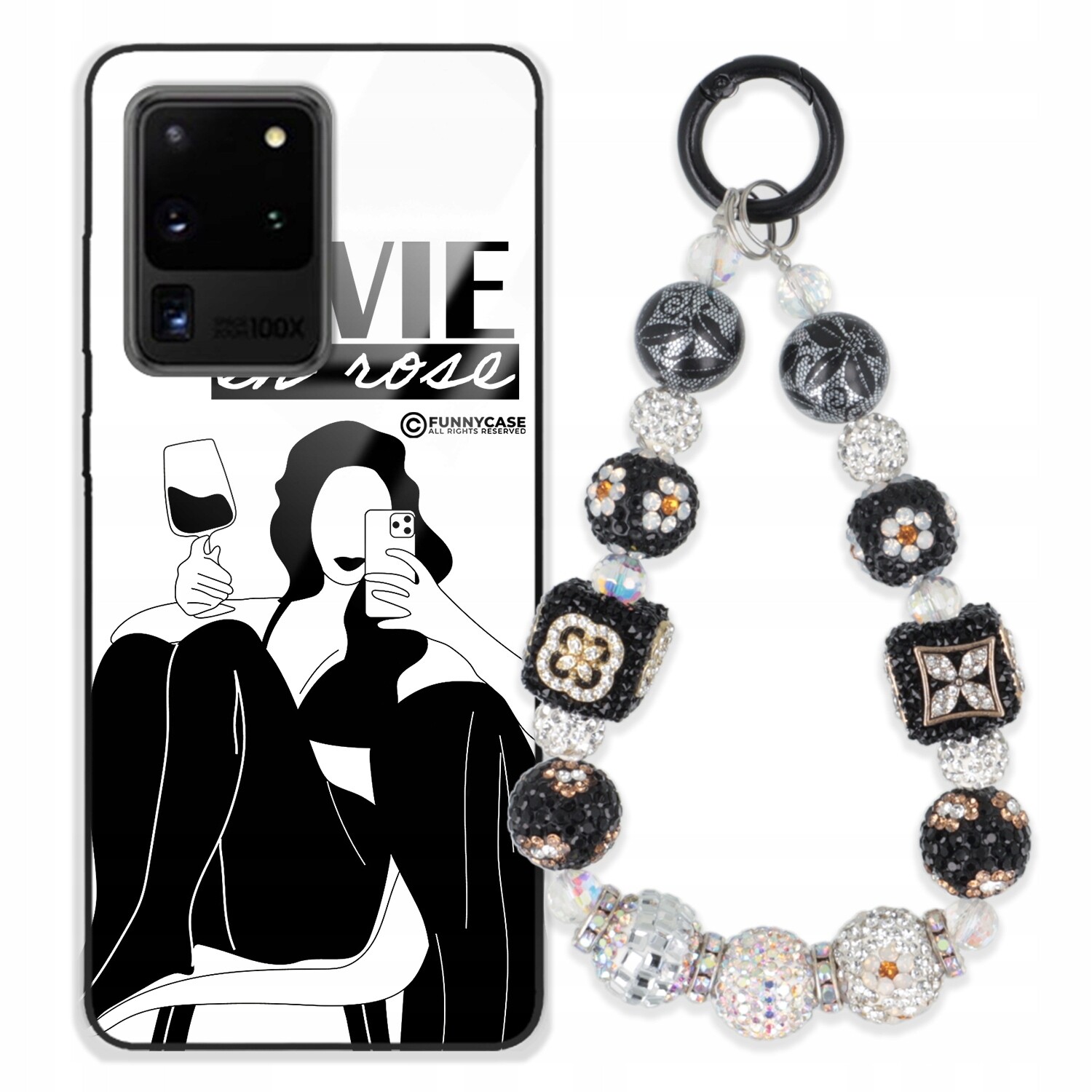 Pouzdro Pro Samsung S20 Ultra Glass Art Černobílý Zirkony Na Klíče S Přívěsek Na Klíče Wz