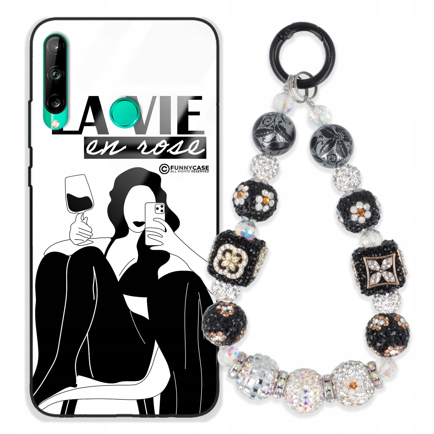 Pouzdro Pro Huawei Y7P 2020 Skleněné Umění Černobílý Přívěšek Na Klíče S Přívěsek Na Klíče Zirkony Wz