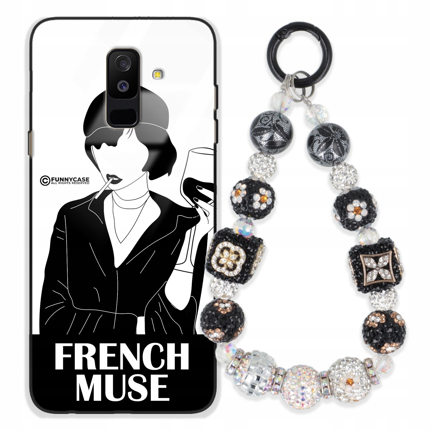 Pouzdro Pro Samsung A6 Plus 2018 Skleněné Černobílé Zirkony Na Klíče S Stříbrnými Přívěsek Na Klíče Wz
