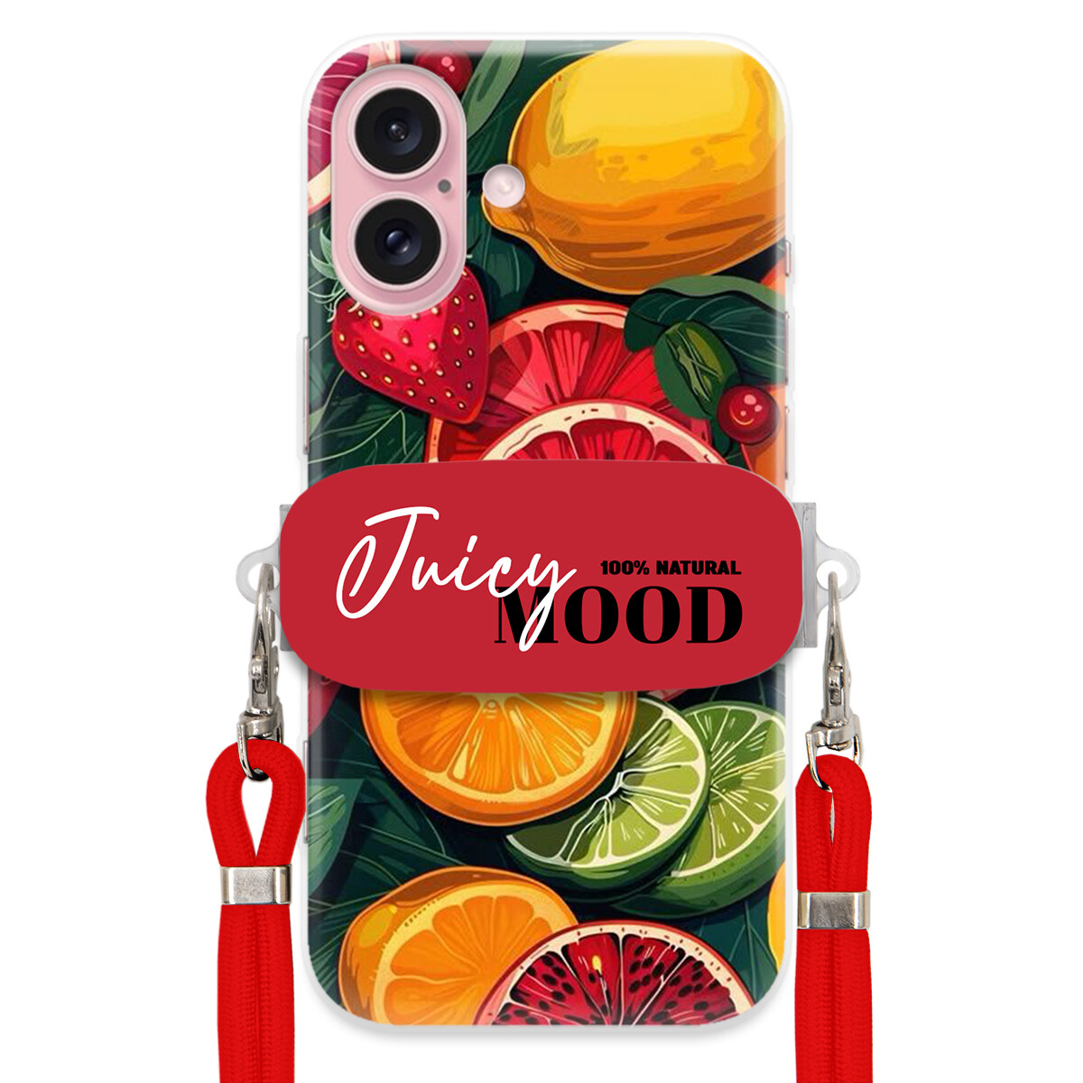 Pouzdro pro iPhone 16 Červené vodítko Crossbody+ Držák Módní Juice Mood Ovoce