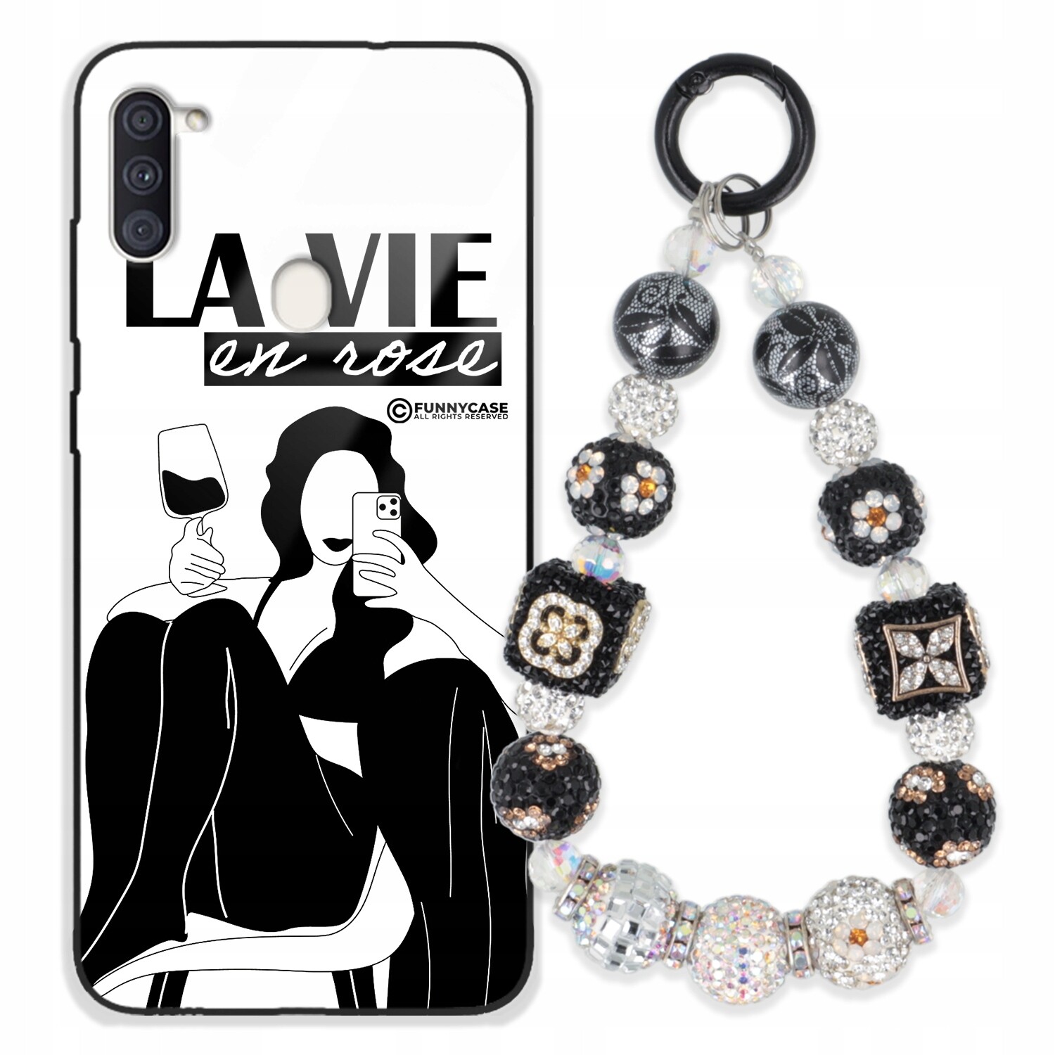 Pouzdro Pro Samsung A11 Skleněné, Černobílé Přívěsek Na Klíče Zirkony Wz