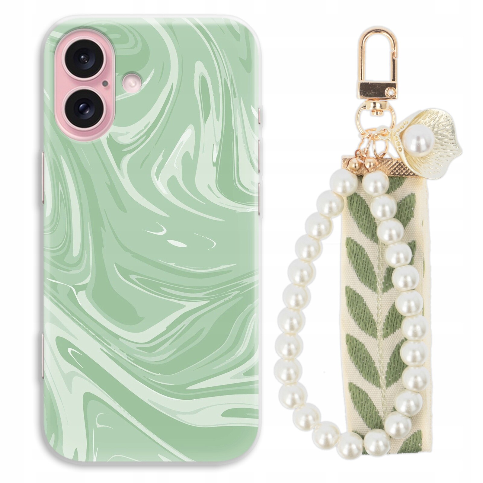 Pouzdro Pro Iphone 16 Kryt Clear Přívěsek Na Klíče Zelené Perly Tpu Módní Vzory