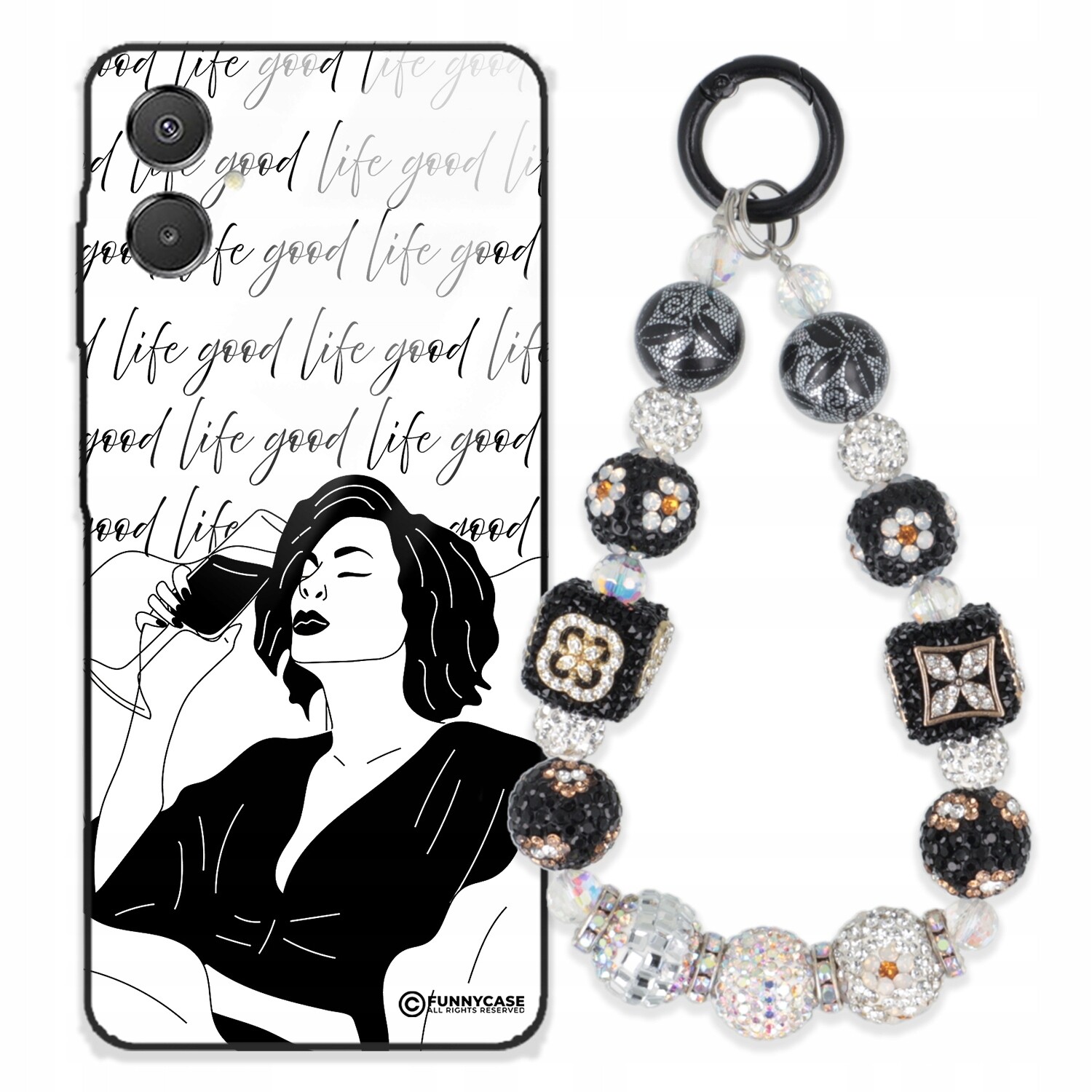 Pouzdro Pro Samsung A07 Skleněné, Černobílé Přívěsek Na Klíče Zirkony Wz