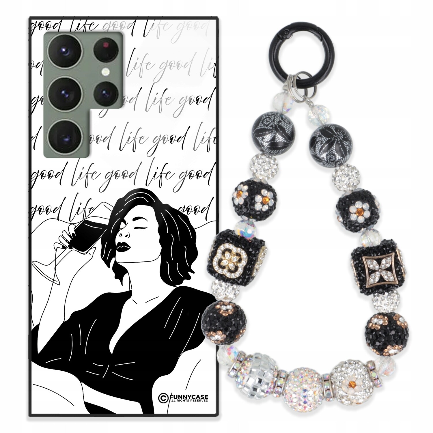 Pouzdro Pro Samsung S23 Ultra Glass Art Černobílý Zirkony Na Klíče S Přívěsek Na Klíče Wz