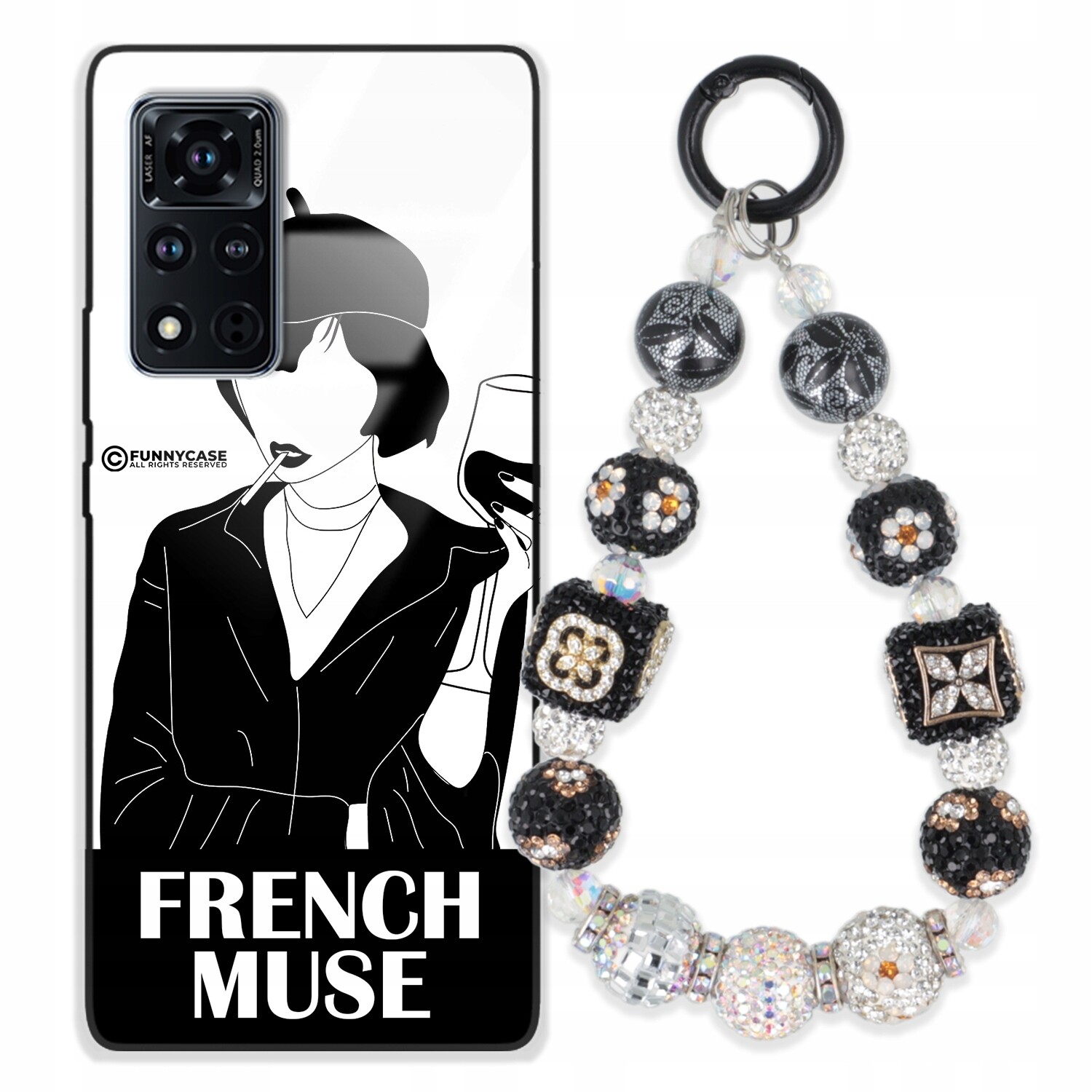 Pouzdro Pro Huawei Honor View 40 Skleněné Černobílé S Přívěškem Na Klíče, Přívěsek Na Klíče Zirkony Wz