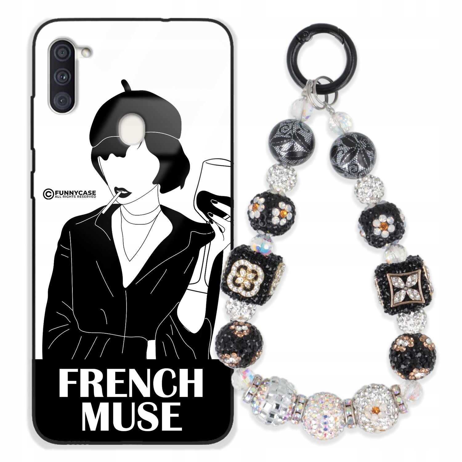 Pouzdro Pro Samsung M11 Skleněné Dámské Černobílé Přívěsek Na Klíče Zirkony Wz