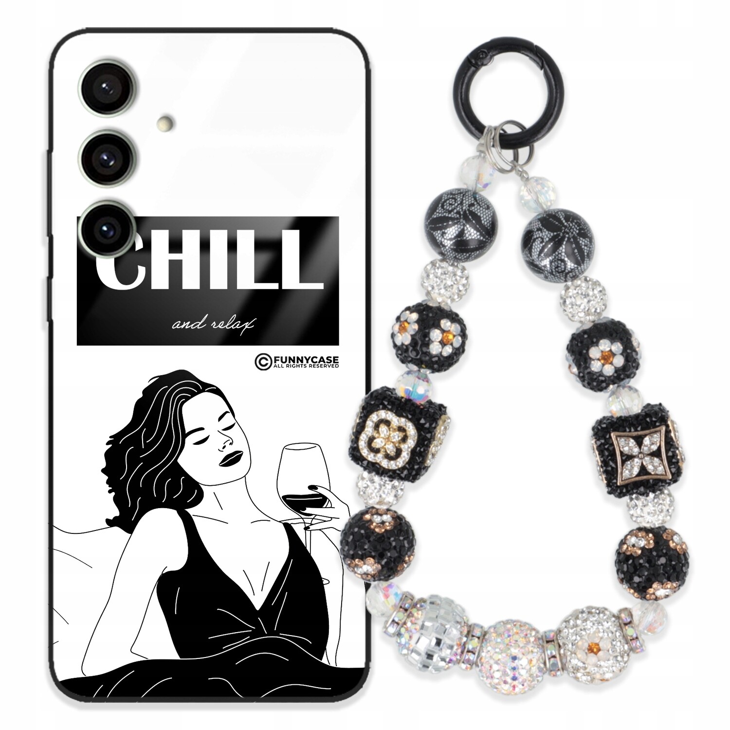 Pouzdro Pro Samsung S24 Fe Skleněné Dámské Černobílé Přívěsek Na Klíče Zirkony S Kamenínky Wz