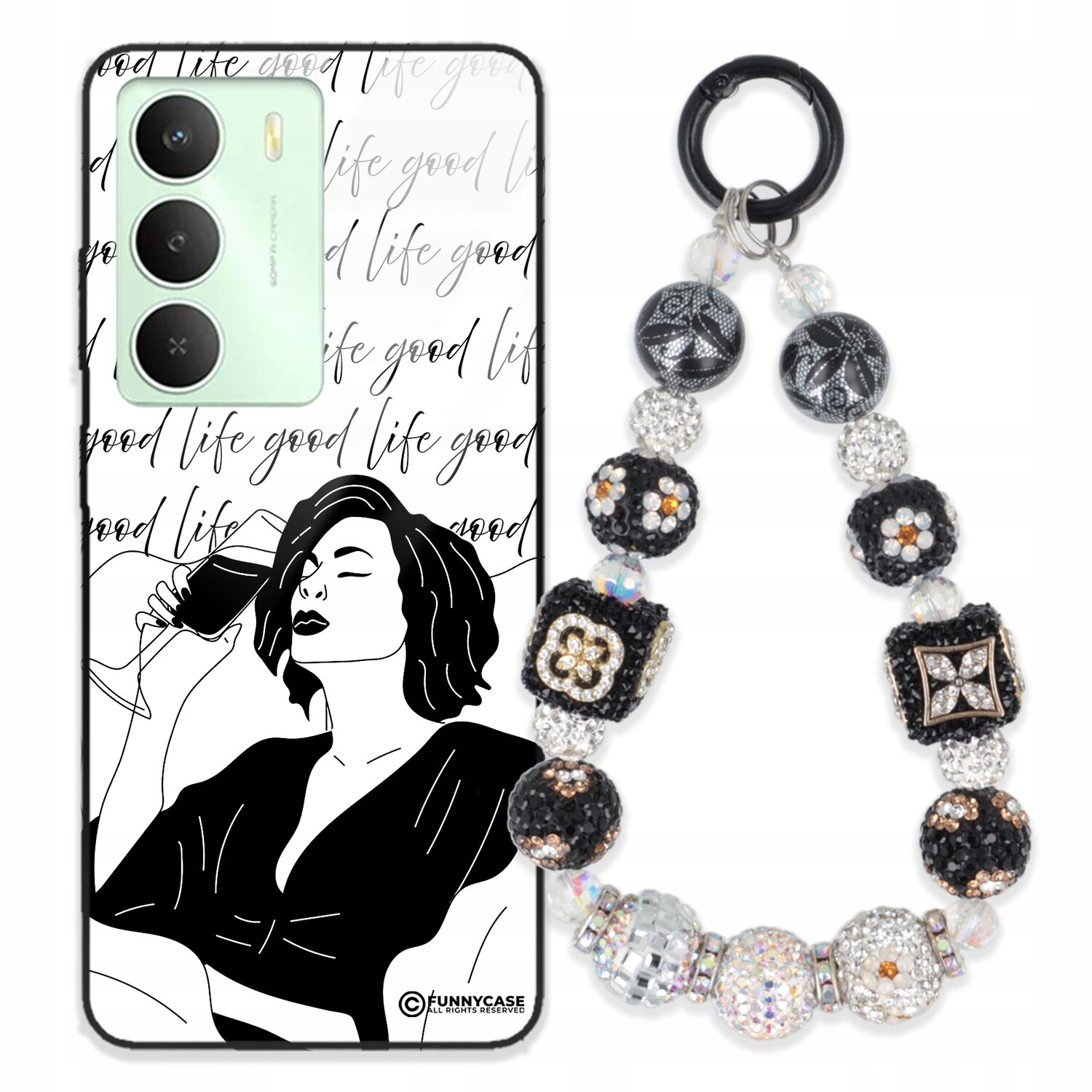 Pouzdro Pro Realme V70S 5G Sklené Dámské Černobílé S Přívěškem Na Klíče Přívěsek Na Klíče Zirkony