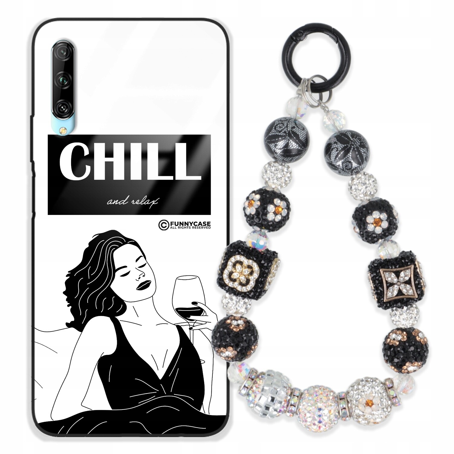 Pouzdro Pro Huawei Y9S Skleněné, Černobílé Přívěsek Na Klíče Zirkony Na Klíče S Kamenínky Wz