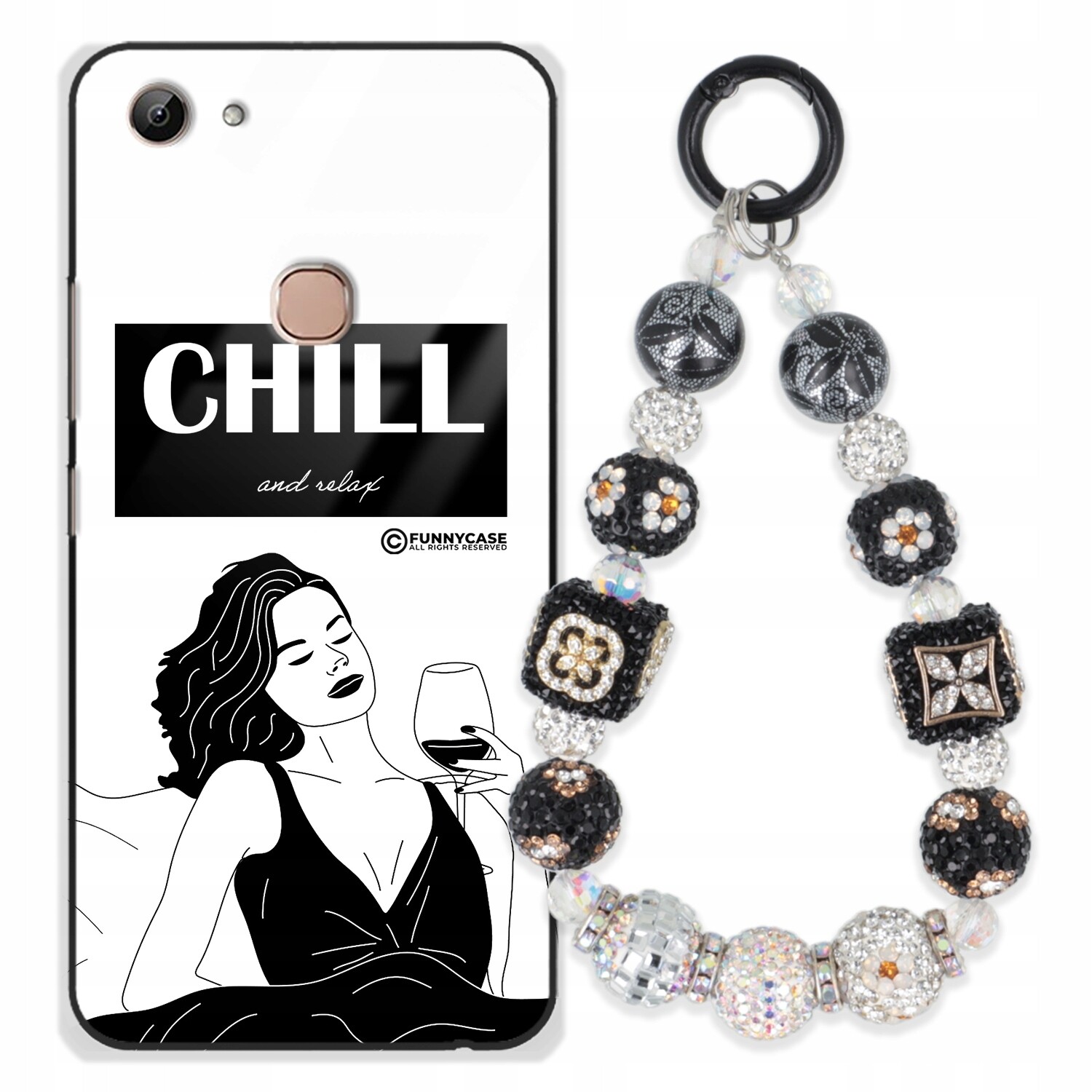 Dámský skleněný přívěsek Zirkony pouzdro na Vivo černobílý Přívěsek Na Klíče se vzorem kamínků