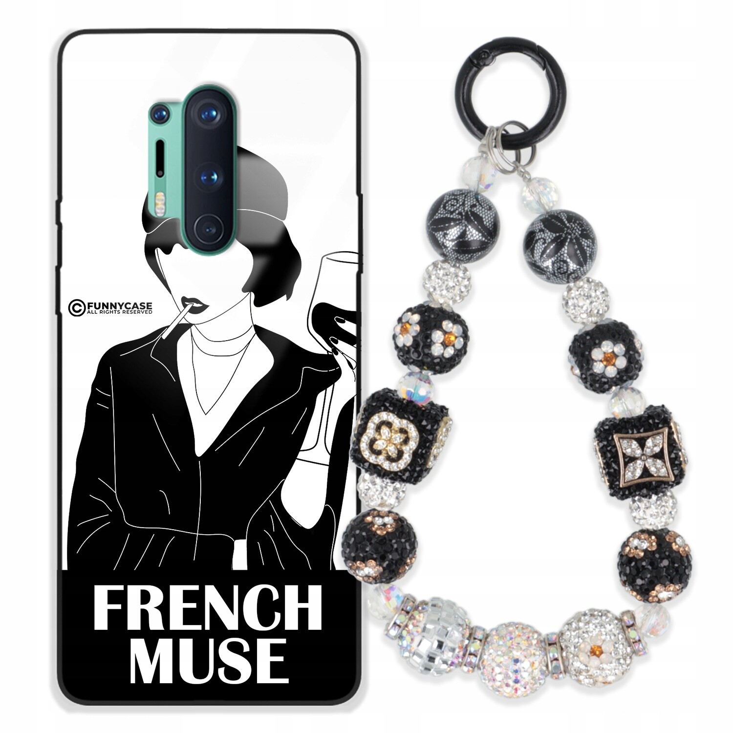 Pouzdro Pro Oneplus 8 Pro Skleněné, Ze Samičitého, Černobílé, Stříbrné, Zirkony Přívěsek Na Klíče , Wz