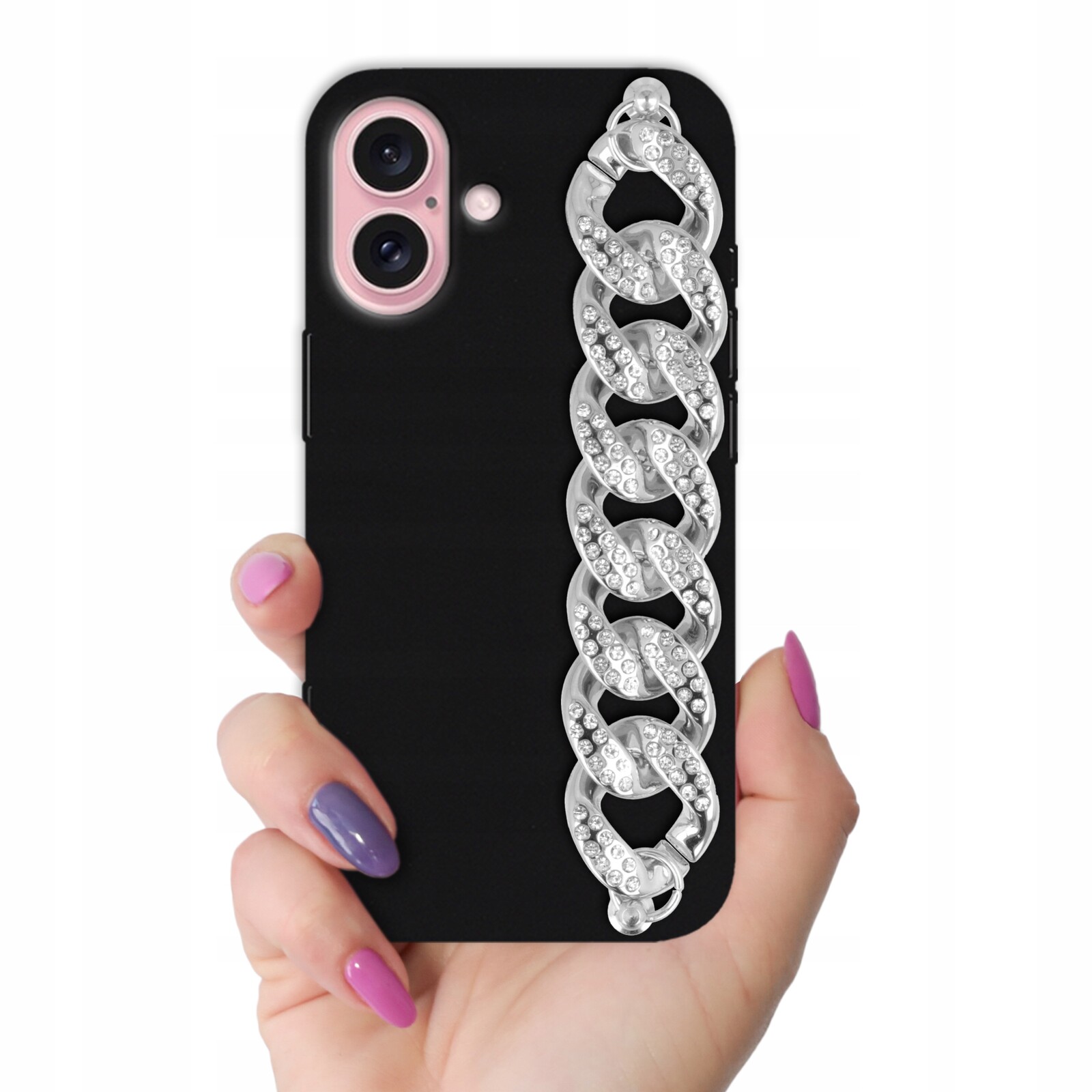 Pouzdro pro Iphone 16 Matně černé s držákem Zirkony ze stříbrného Řetízek Strong