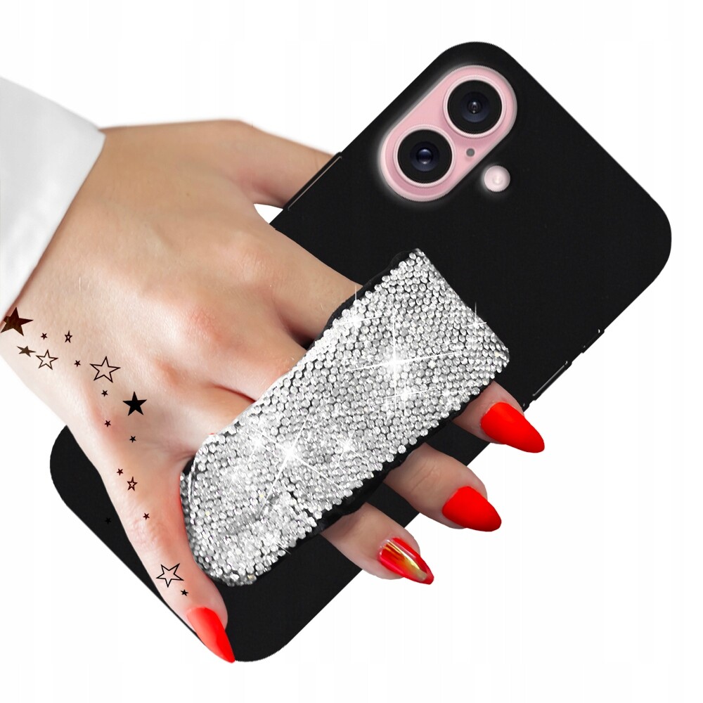 Pouzdro pro Iphone 16 Kryt Matné Černé Pásek stříbrný Zirkony