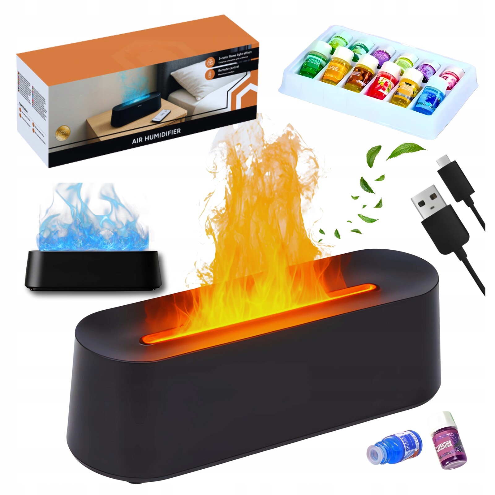 Zvlhčovač vzduchu aromaterapie difuzér 250 ml 3v1 efekt plamene dálkové ovládání