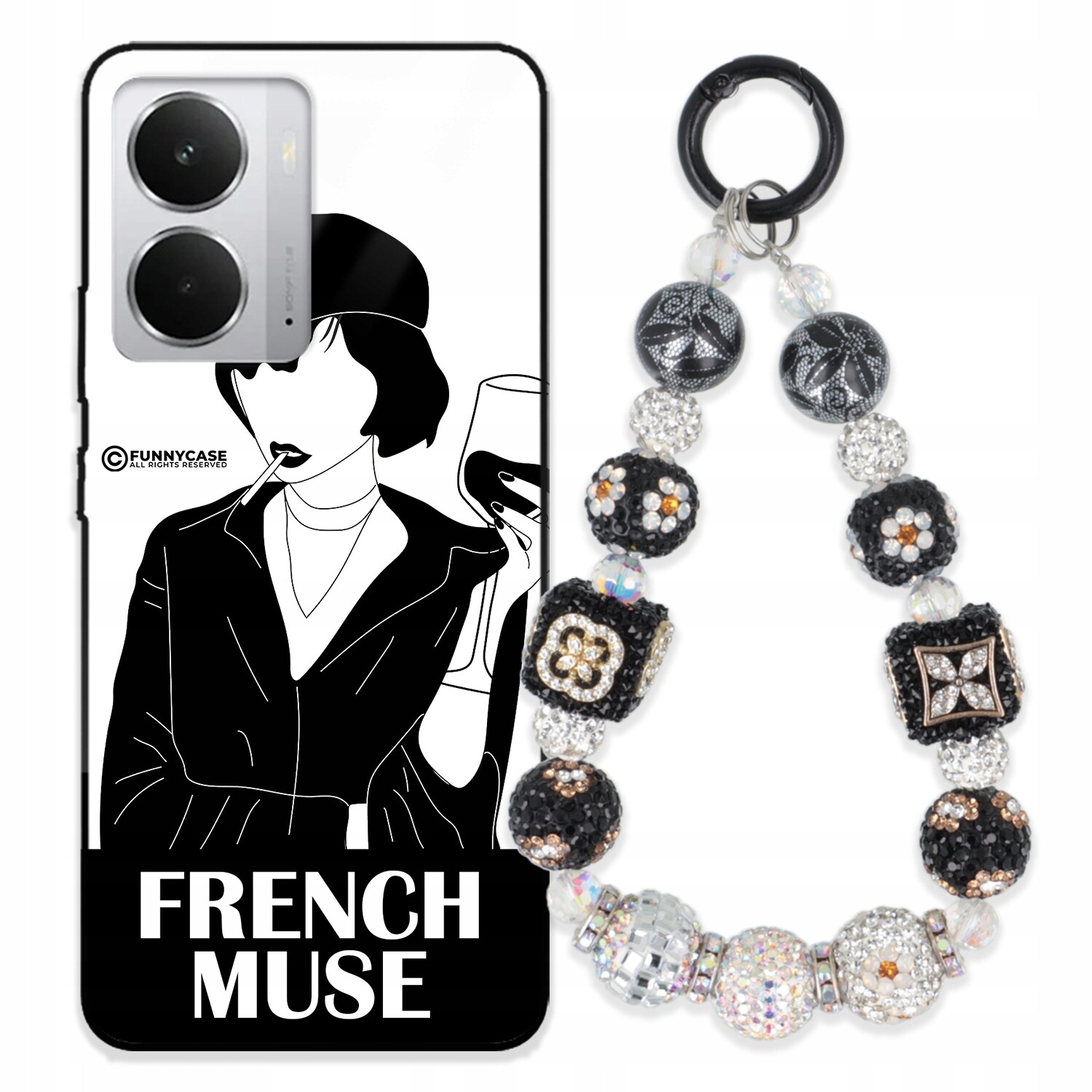 Pouzdro Pro Realme Neo 7X Skleněné, Černobílé, Stříbrné, Zirkony Přívěsek Na Klíče , Wz