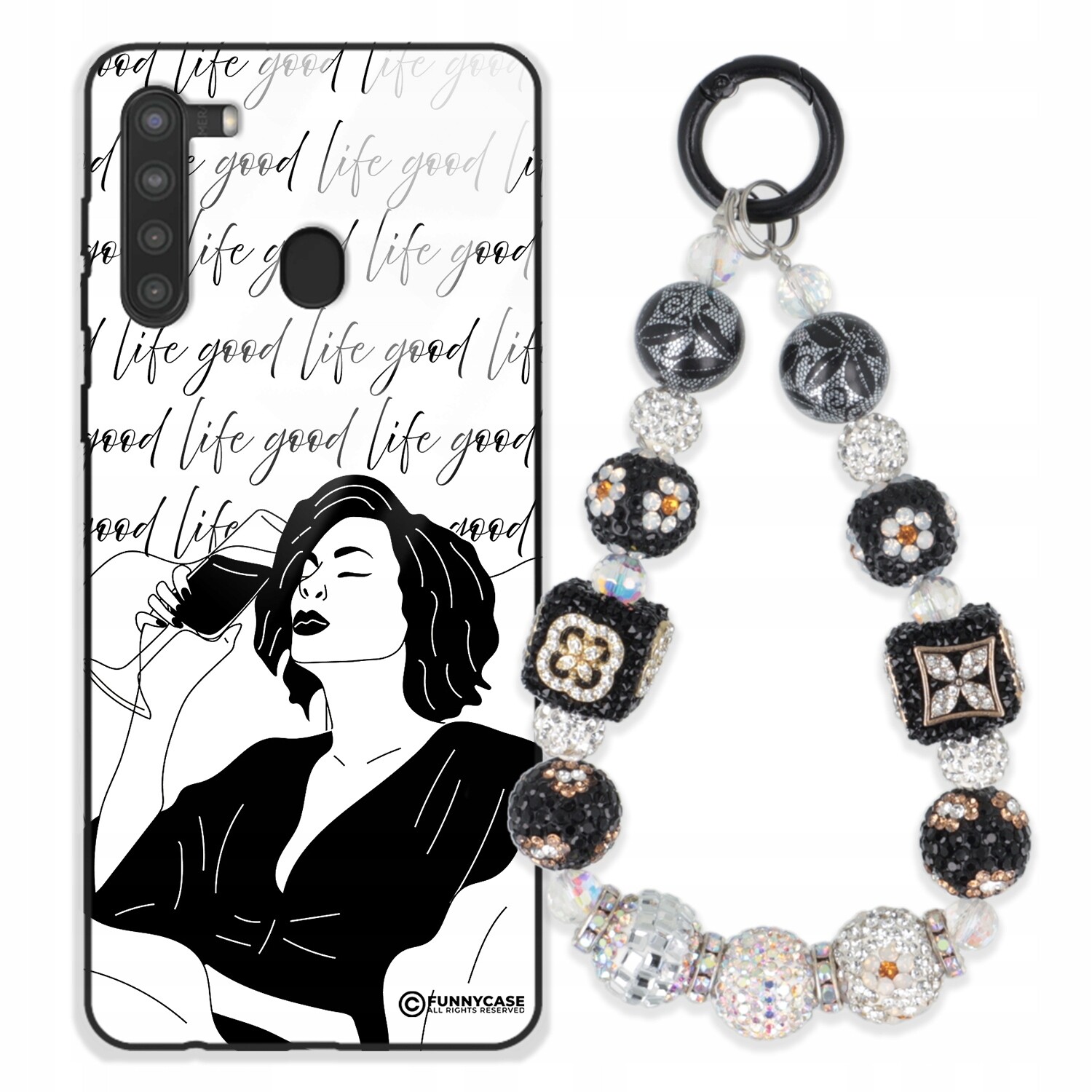 Dámský skleněný Pouzdro pro Samsung A21, černobílý Přívěsek Na Klíče Zirkony modrá