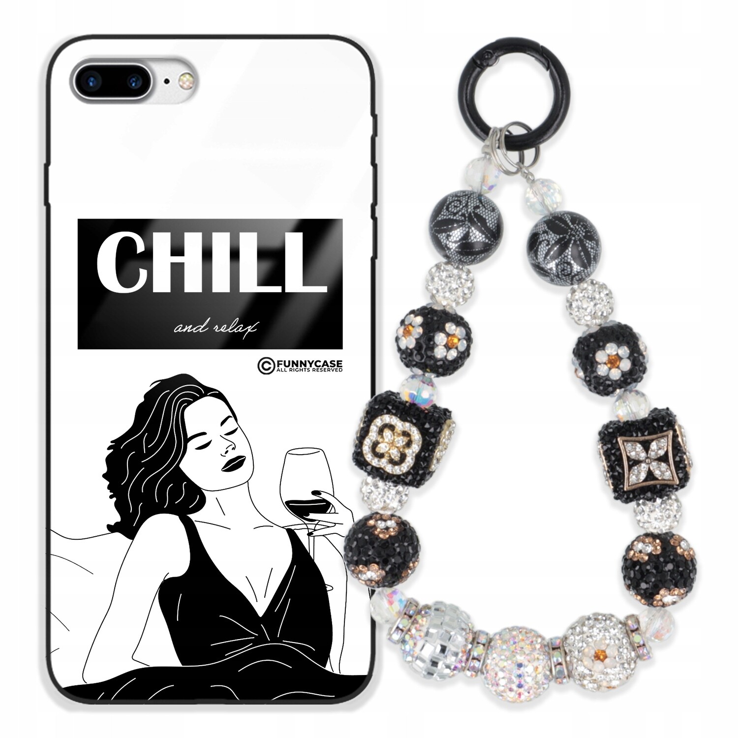 Dámský skleněný Pouzdro na iPhone 8 Plus, černý a bílý, Přívěsek Na Klíče Zirkony modrá