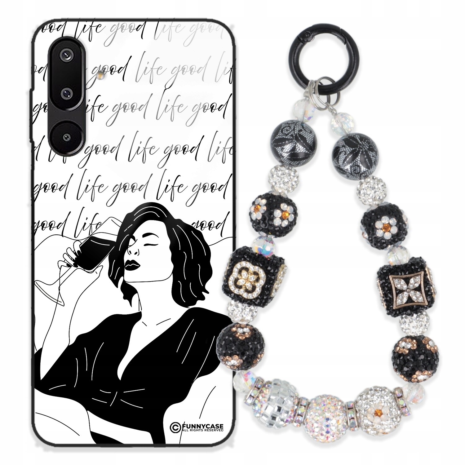 Pouzdro Pro Samsung M16 5G Sklené Dámské Černobílé Přívěsek Na Klíče Zirkony S Kamenínky Wz