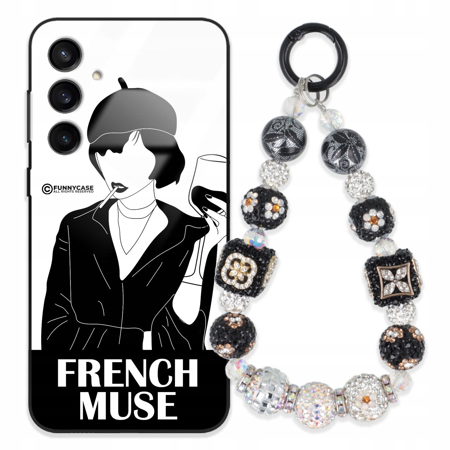 Pouzdro Pro Samsung S23FE 5G Skleněné Umění Černobílý Přívěšek Na Klíče S Přívěsek Na Klíče Zirkony Wz