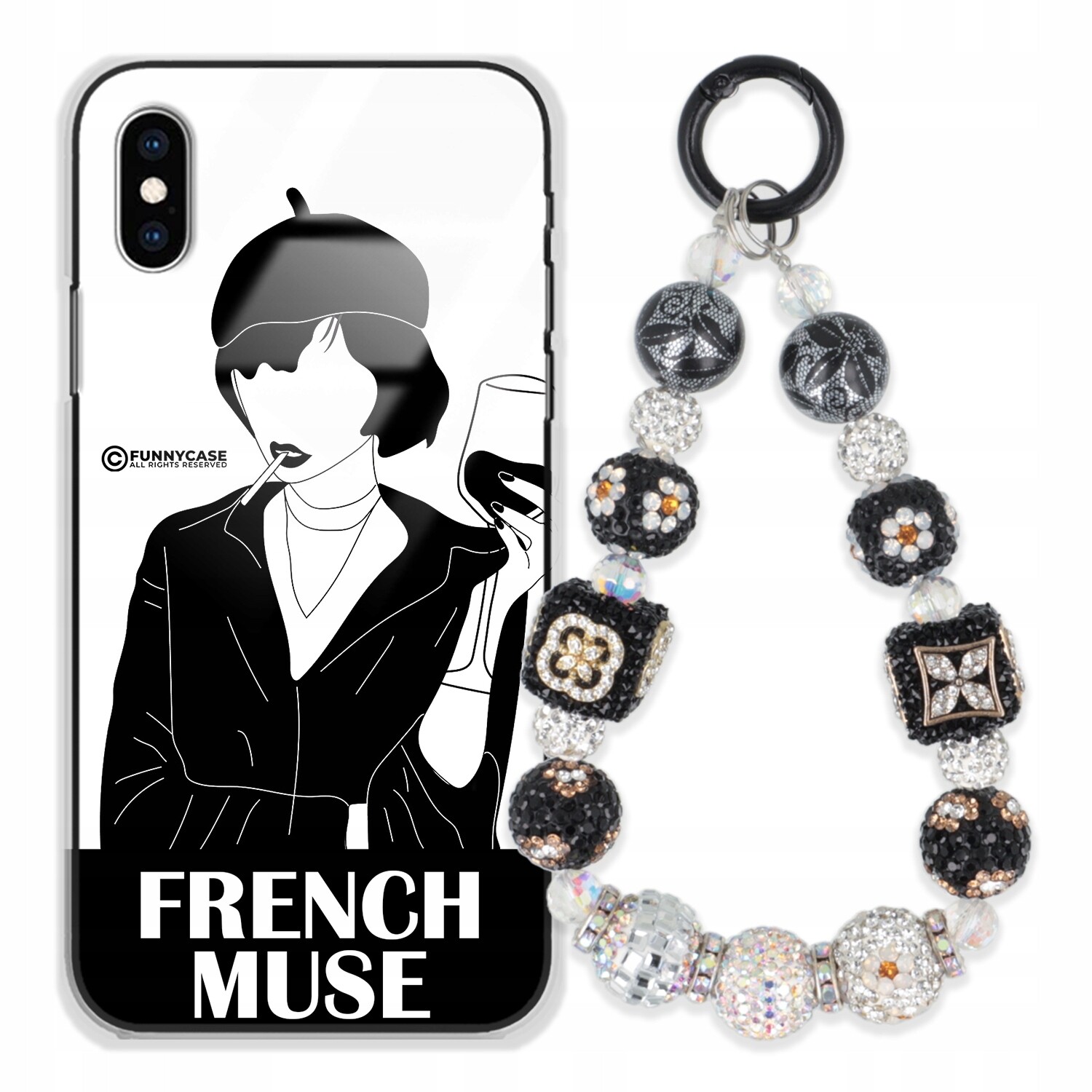 Dámský skleněný kryt na iPhone Xs, černobílý Přívěsek Na Klíče Zirkony klíče se Pouzdro kamínků
