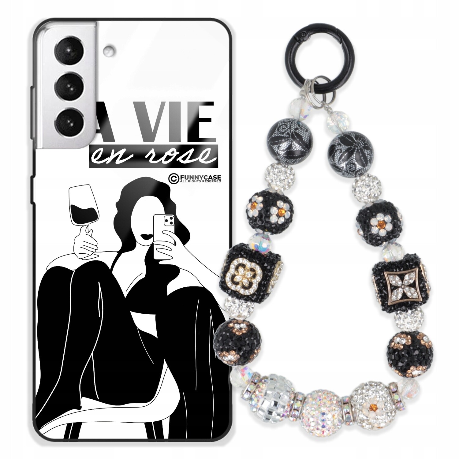 Pouzdro Pro Samsung S21 Plus 5G Sklo Černobílý Přívěšek Na Klíče Přívěsek Na Klíče Zirkony Wz