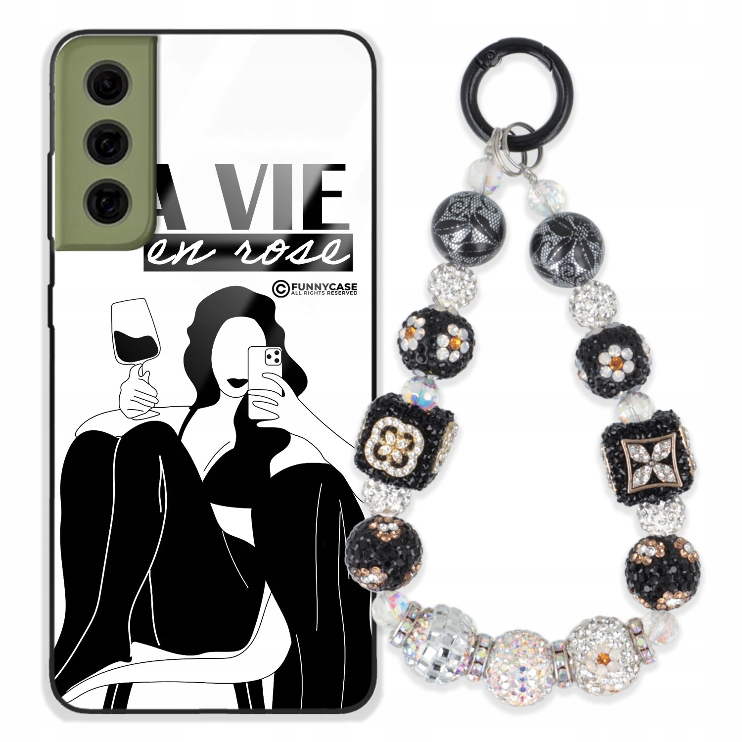 Dámský skleněný Pouzdro Samsung S21FE, černý a bílý, Přívěsek Na Klíče Zirkony modrá